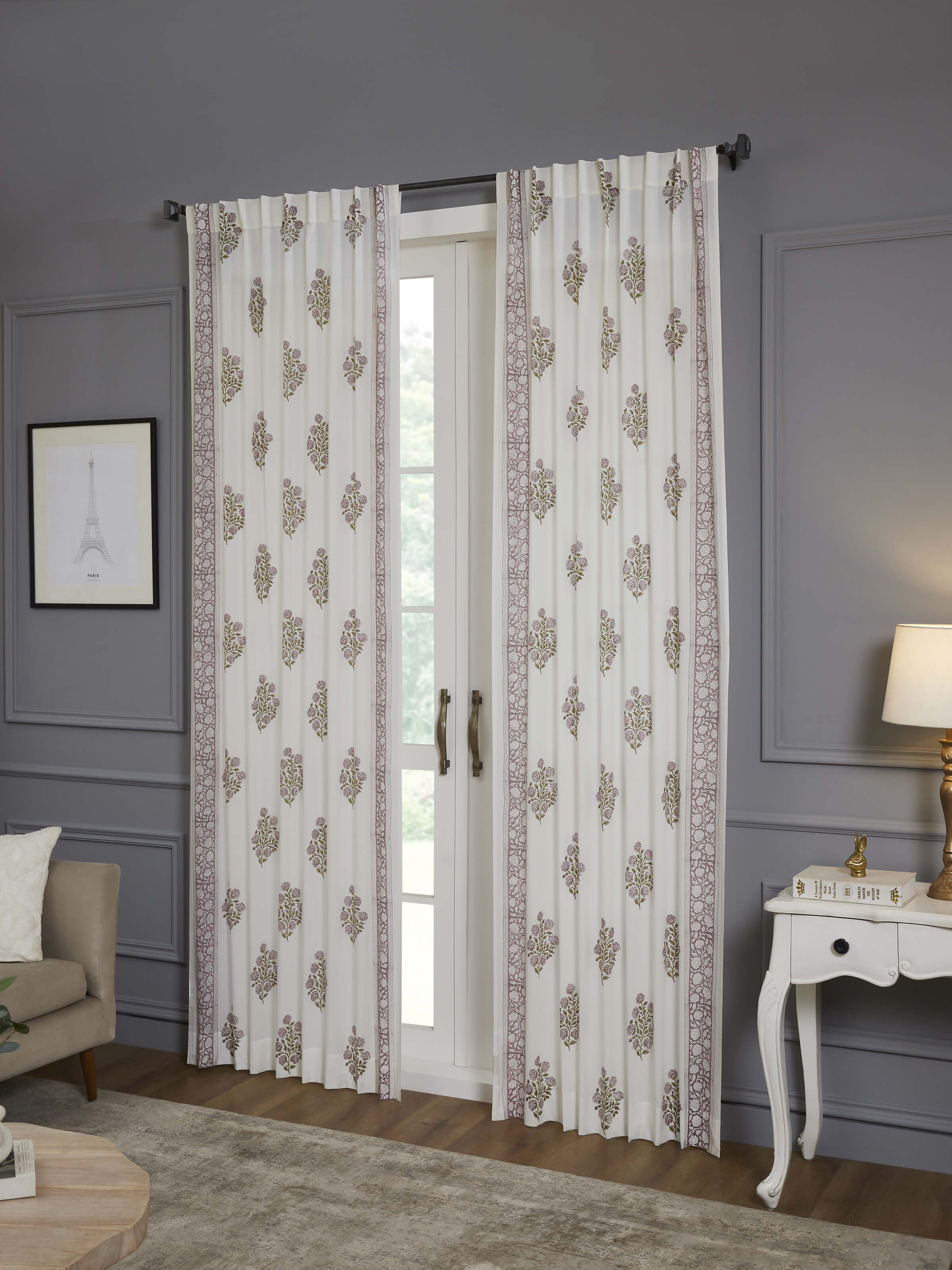 Saha lavender floral cotton Sanganeri hand block printed curtain 9 ft – Swadesh