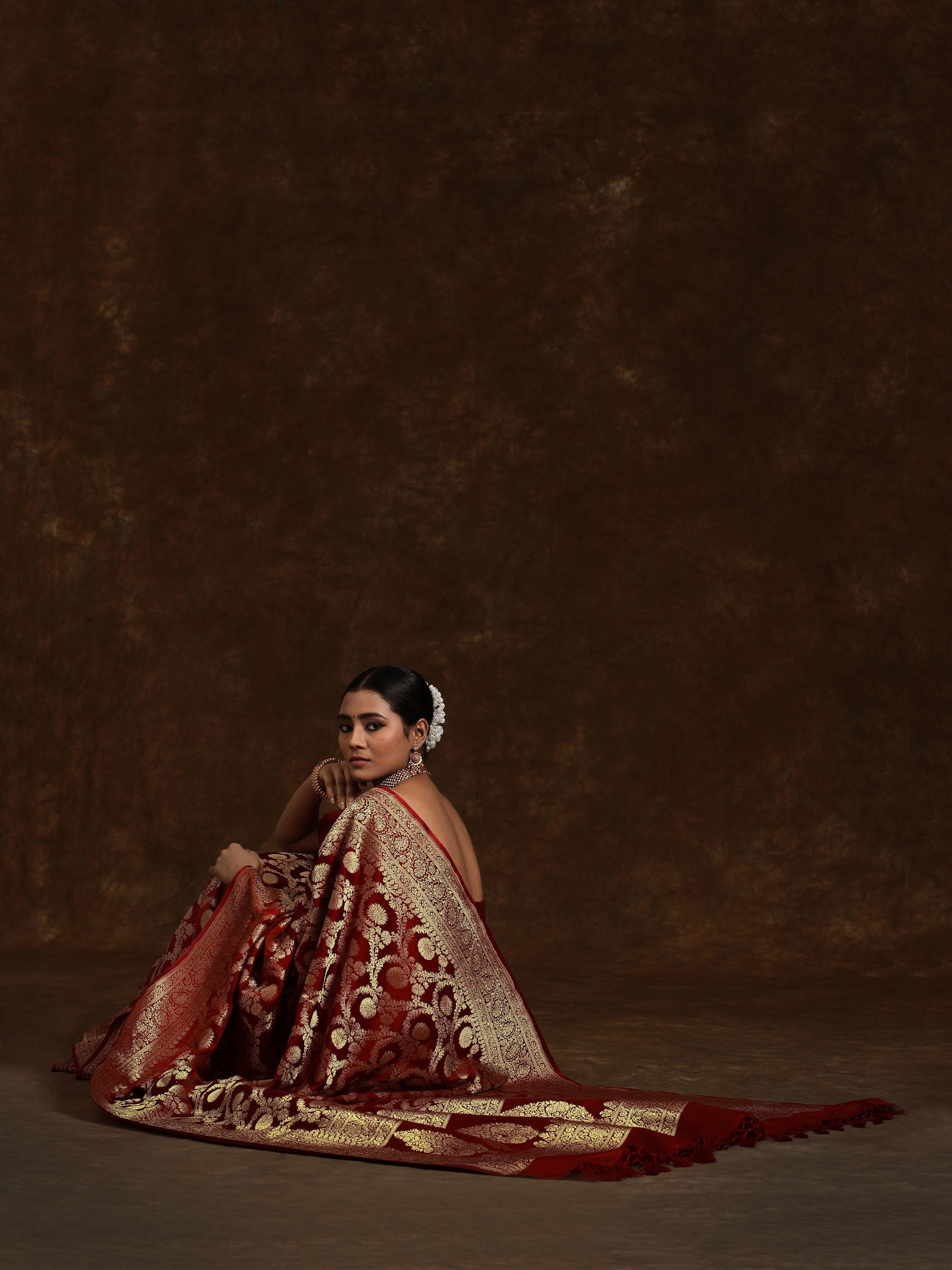 Close-up detail of Ruby Wine Mulberry Satin Silk Banarasi Saree showcasing zari embroidery on satin silk