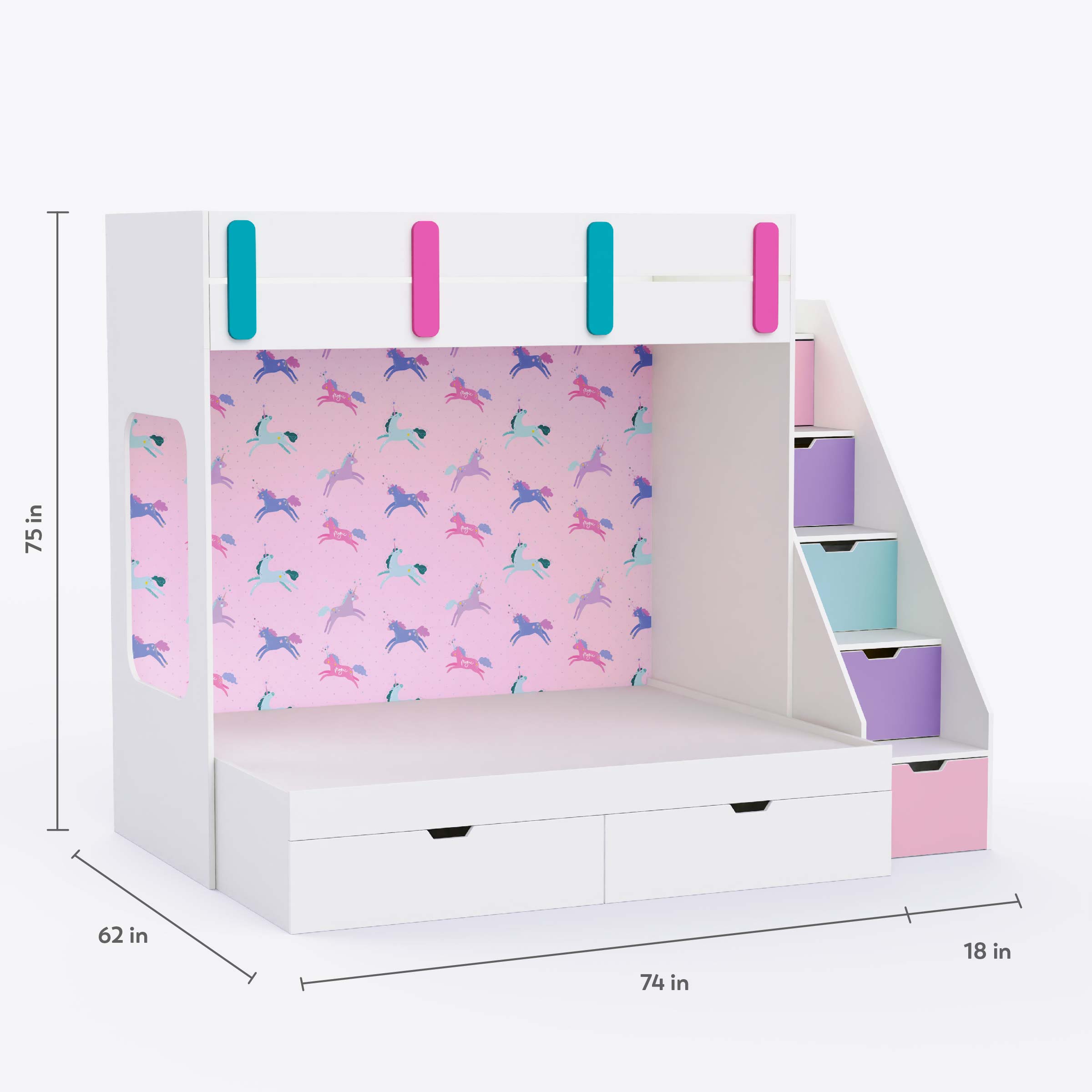 Pattern Dreams Bunk Bed  6X5 (Drawers On Wheels) In White & Pink Colour