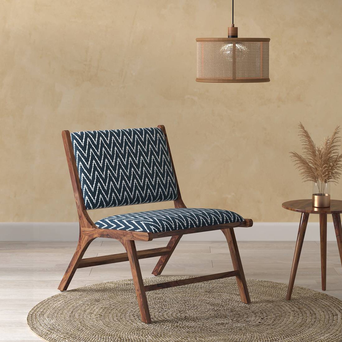 Maureen Lounge Chair in Teak Finish (Colour- Blue Chevron Ikat)