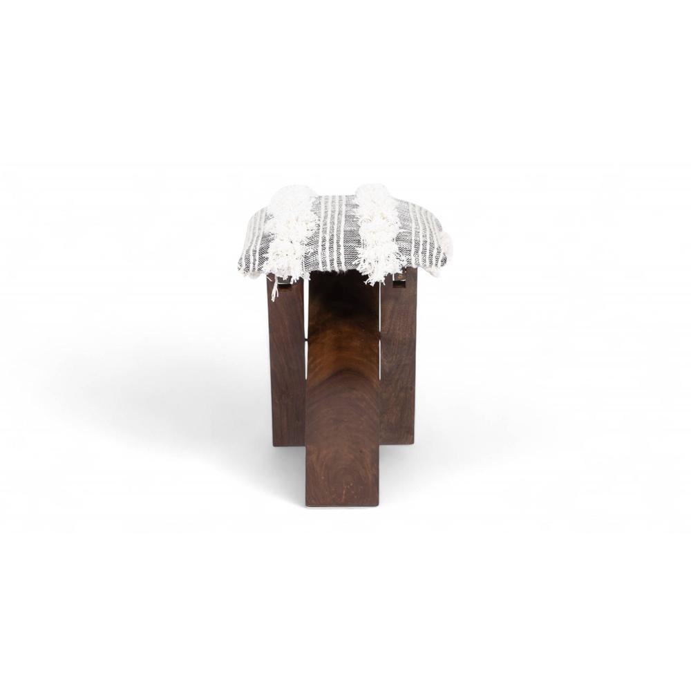 Dayton Sheesham Wood Mid Century Square   Stool in Grey Fabric   Fringes Upholstery