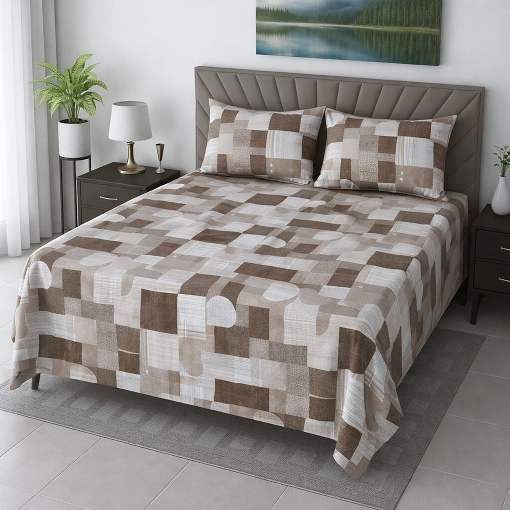 Eli Brown & White Geometric 400 TC Cotton Flat Super King Size Bedsheet with 2 Pillow Covers – Threads - Threads