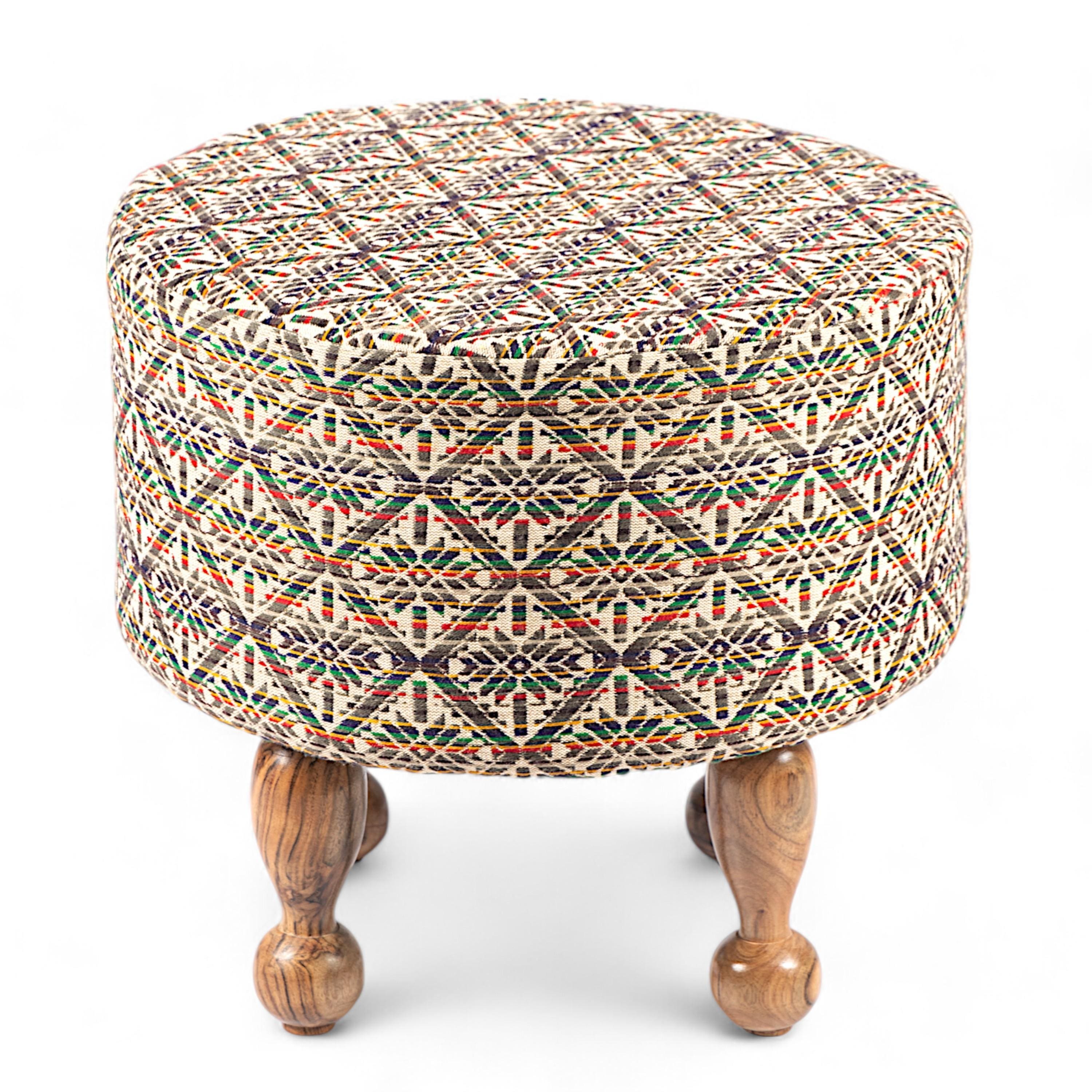 Louisville Acacia Wood Parisian Round Pouf Stool in Multicolour