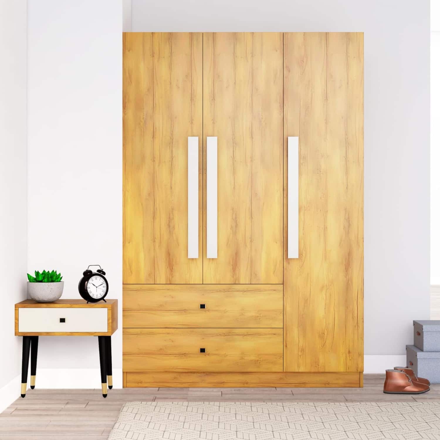 Hexa Red Wooden 3 Door Wardrobe with 2 Drawers and Hanging Space in Giant Wood Colour - HexaRed