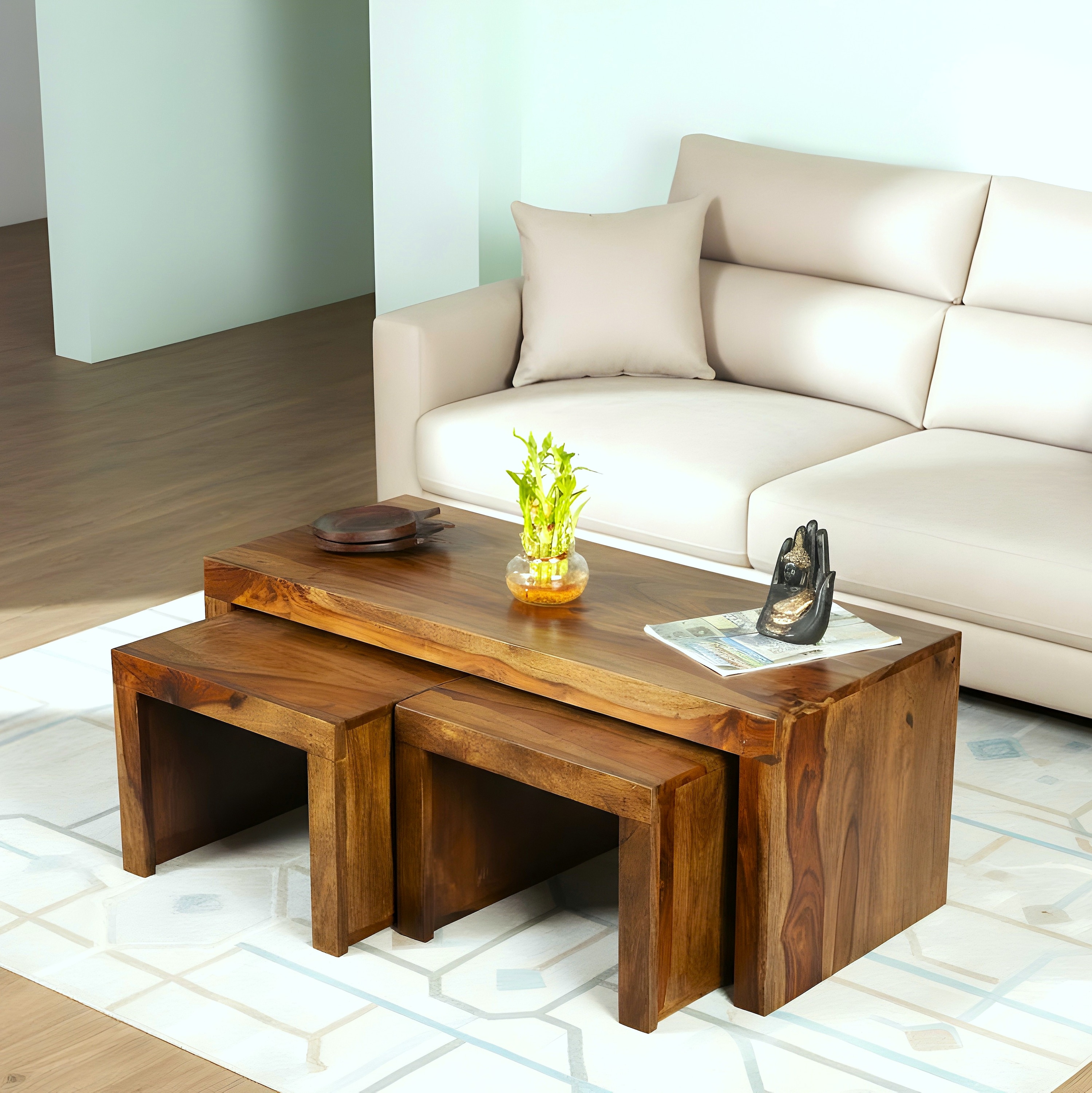 Kassel Sheesham Wood 2 Seater Coffee Table Set In Teak Finish