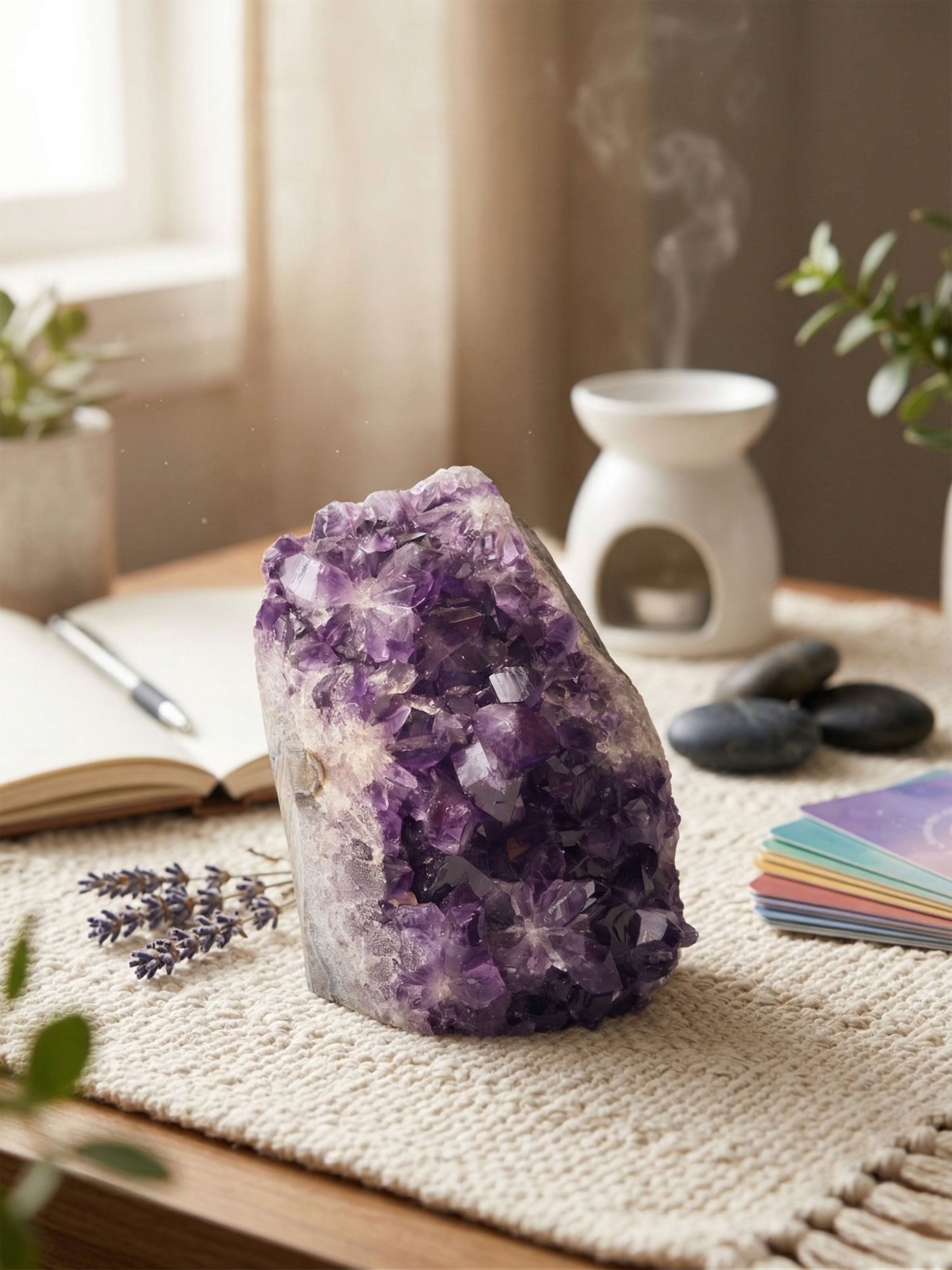 Lifestyle view of the Gemstone Amethyst Short Geode Healing Stone in a meditation setup