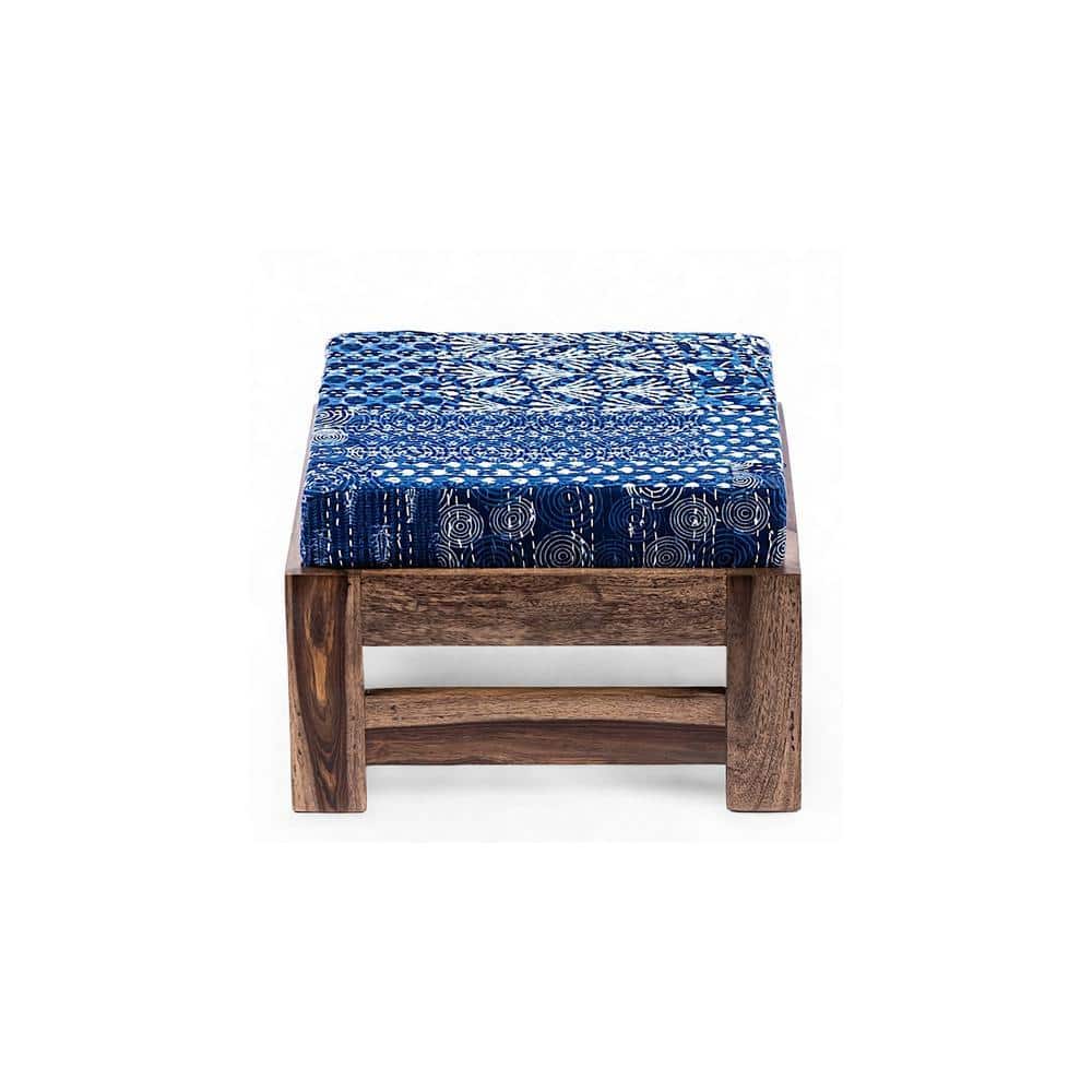 Amber Rosewood Foot Stool with Indigo Patch Kantha Cushion