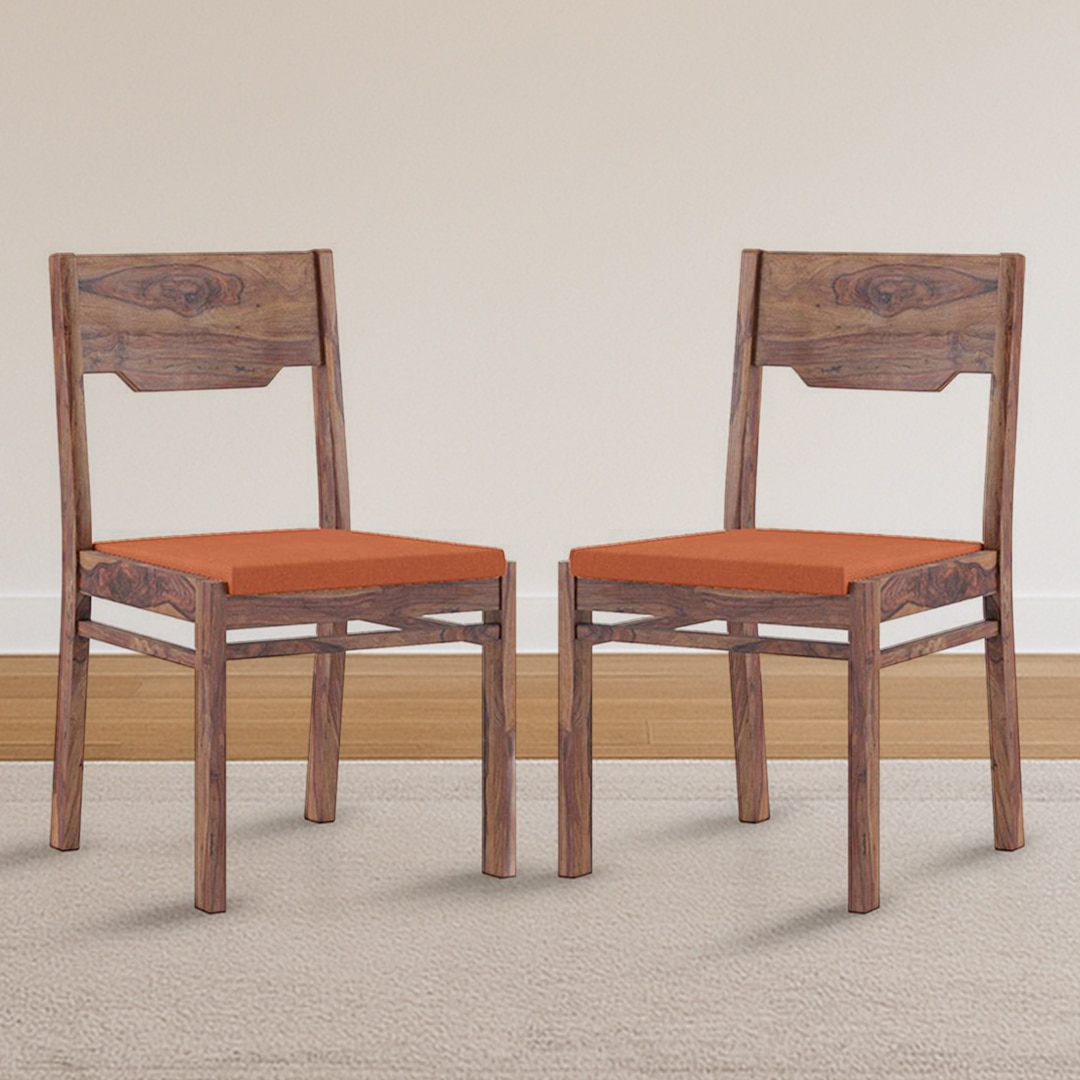 Kerry Solid Wood Dining Chair Set Of 2 In Teak Finish With Burnt Orange Fabric Colour