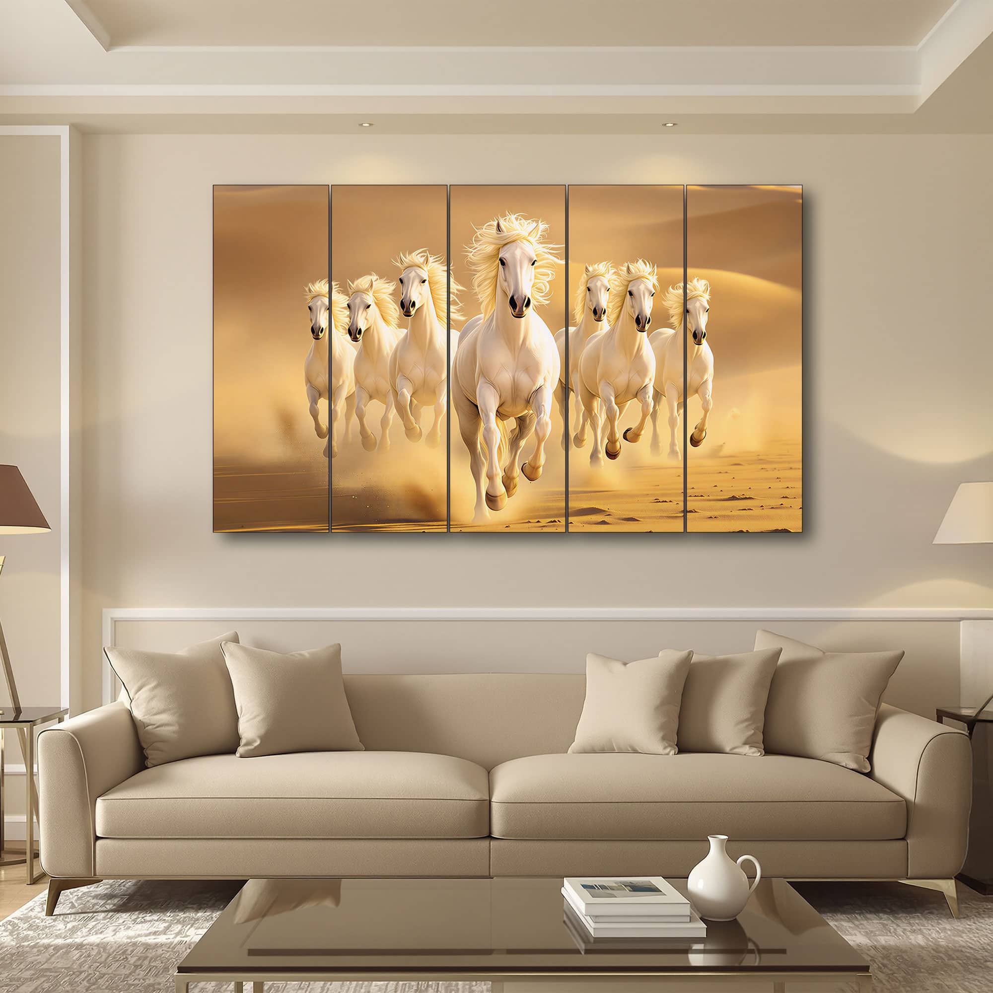 The Castle Decor Running Horses Vastu Wall Painting Design 8 Wooden Framed 27x48 Inch - The Castle Decor