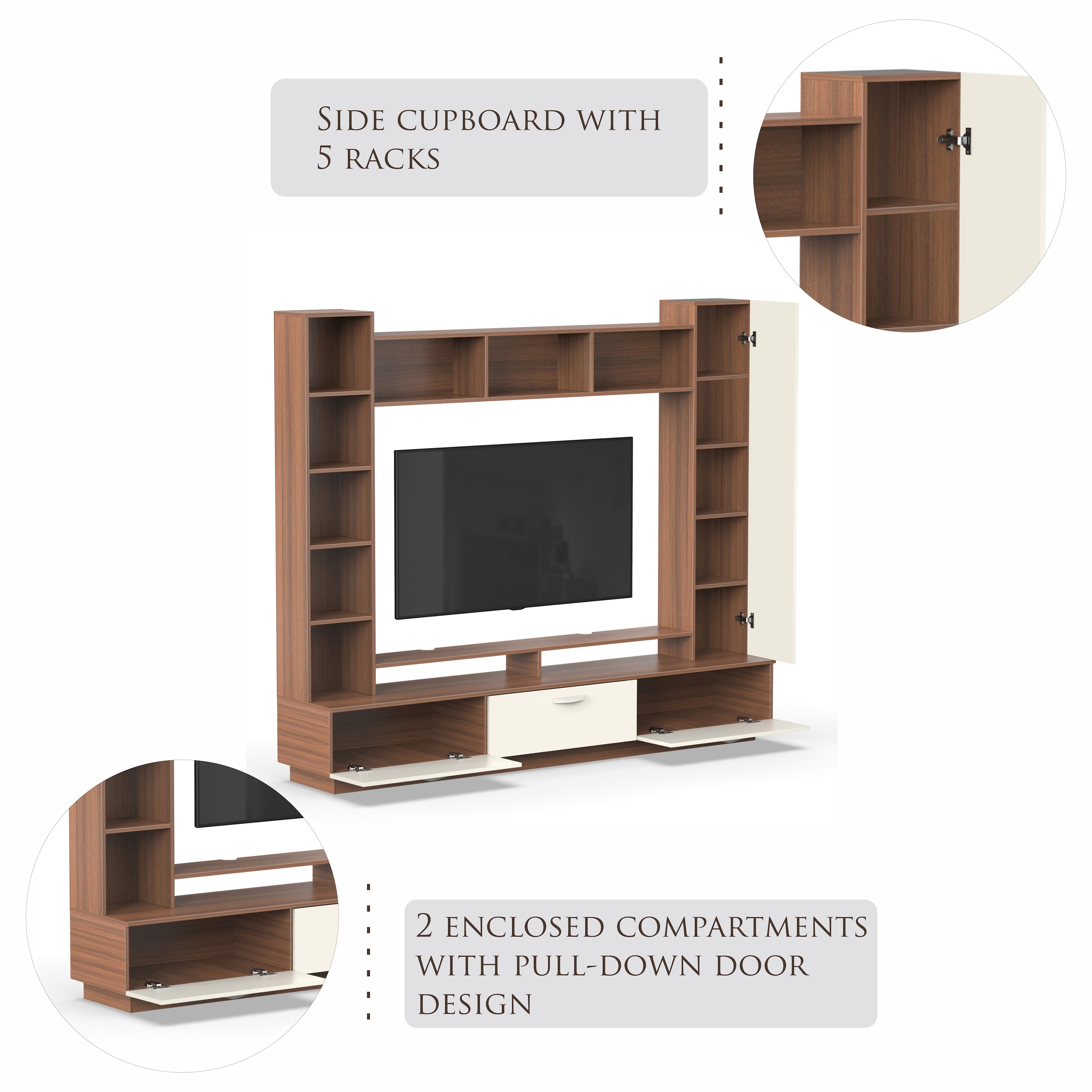 BLUEWUD Fenily Engineering Wood TV Entertainment Unit Set Top Box Stand/TV Cabinet Panel with Shelves for Books & D�cor Display Unit Bed Living Room 60 Inches (Walnut & White)