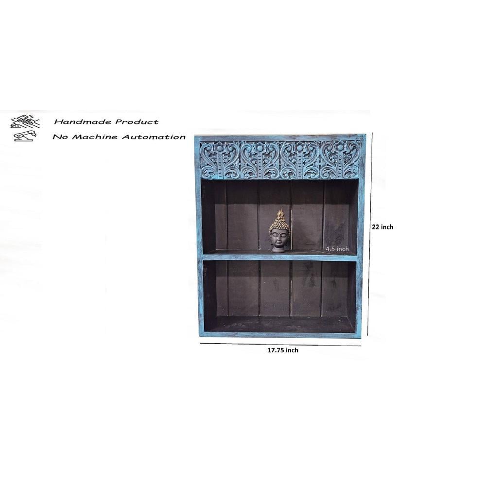 Azov Teal Colour Solid Wood Handcarved Box Style Floating Wall Shelf with compartment