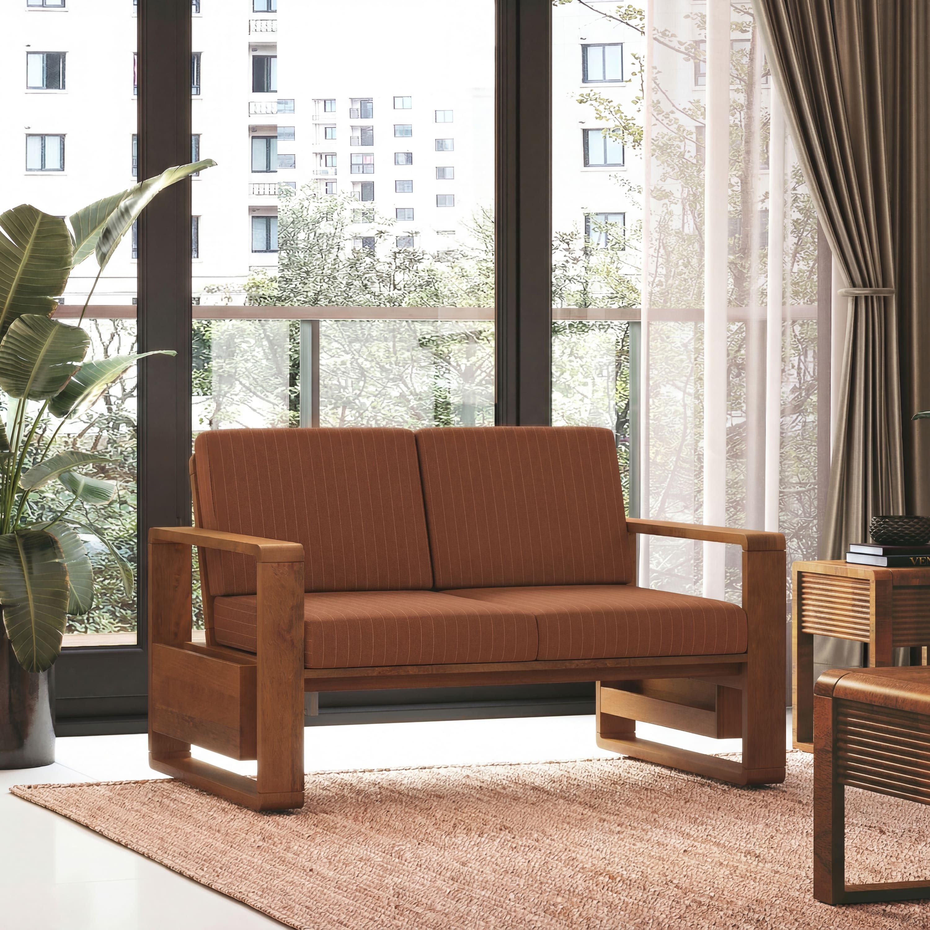Moreno 2 Seater Solid Wood Sofa in Amber Walnut Finish and Terracotta Stripe Fabric