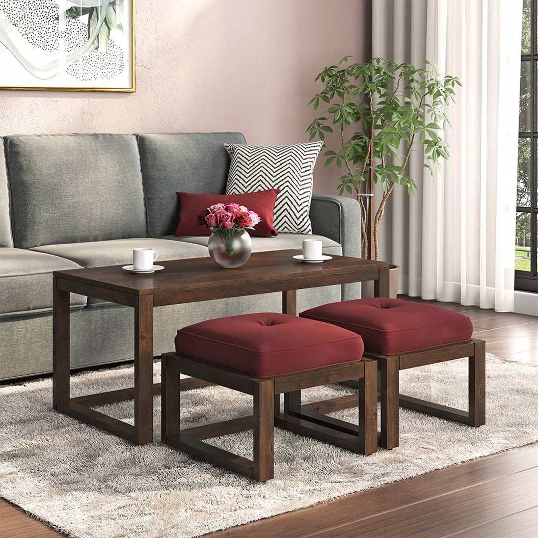 Avril Rectangular Solid Wood Coffee Table With Seats In Mango Walnut Finish and in Rococo Red Fabric - Urban Ladder
