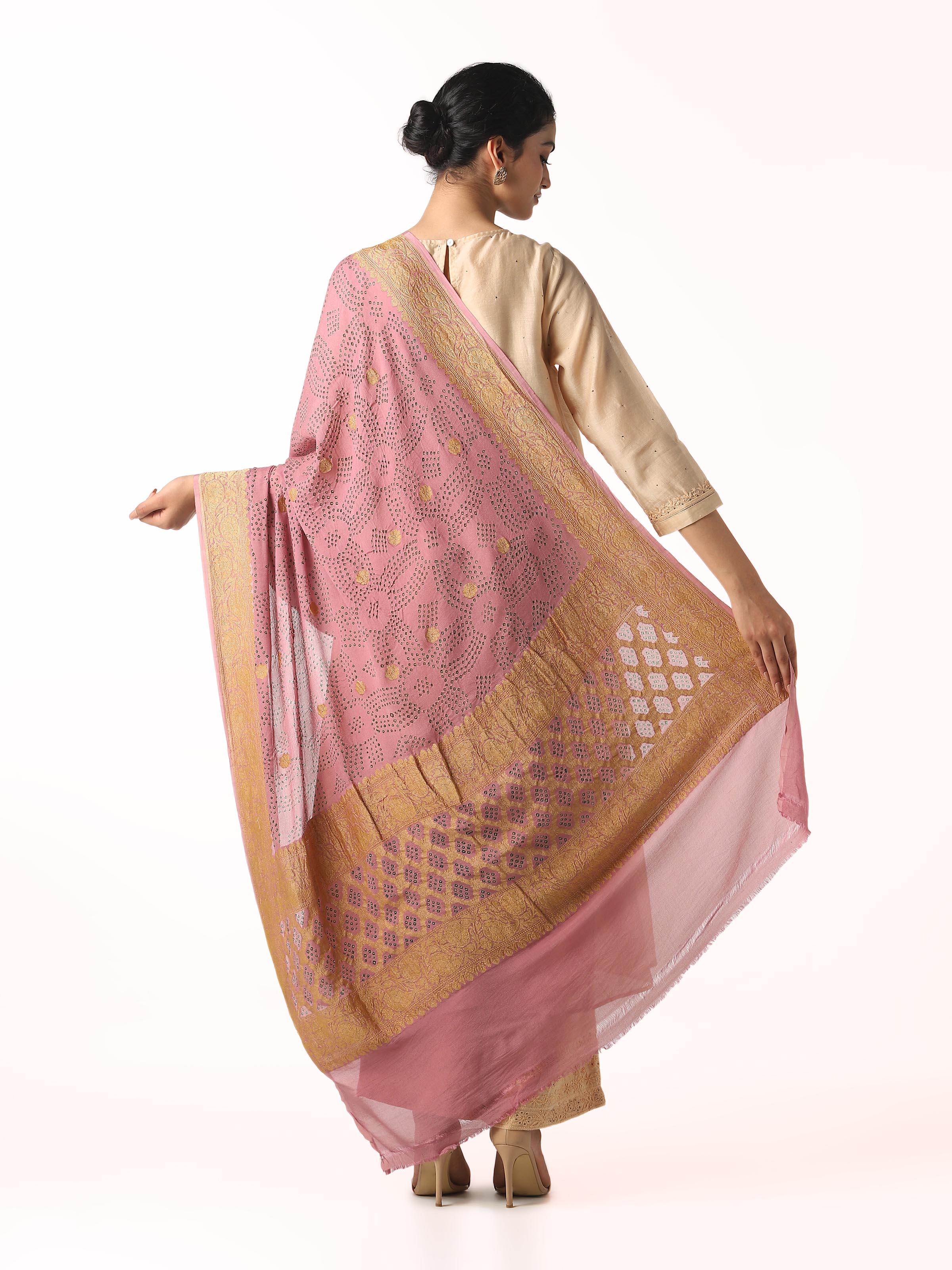 Pastel Pink Banarasi Crepe Bandhani Tie & Dye Dupatta