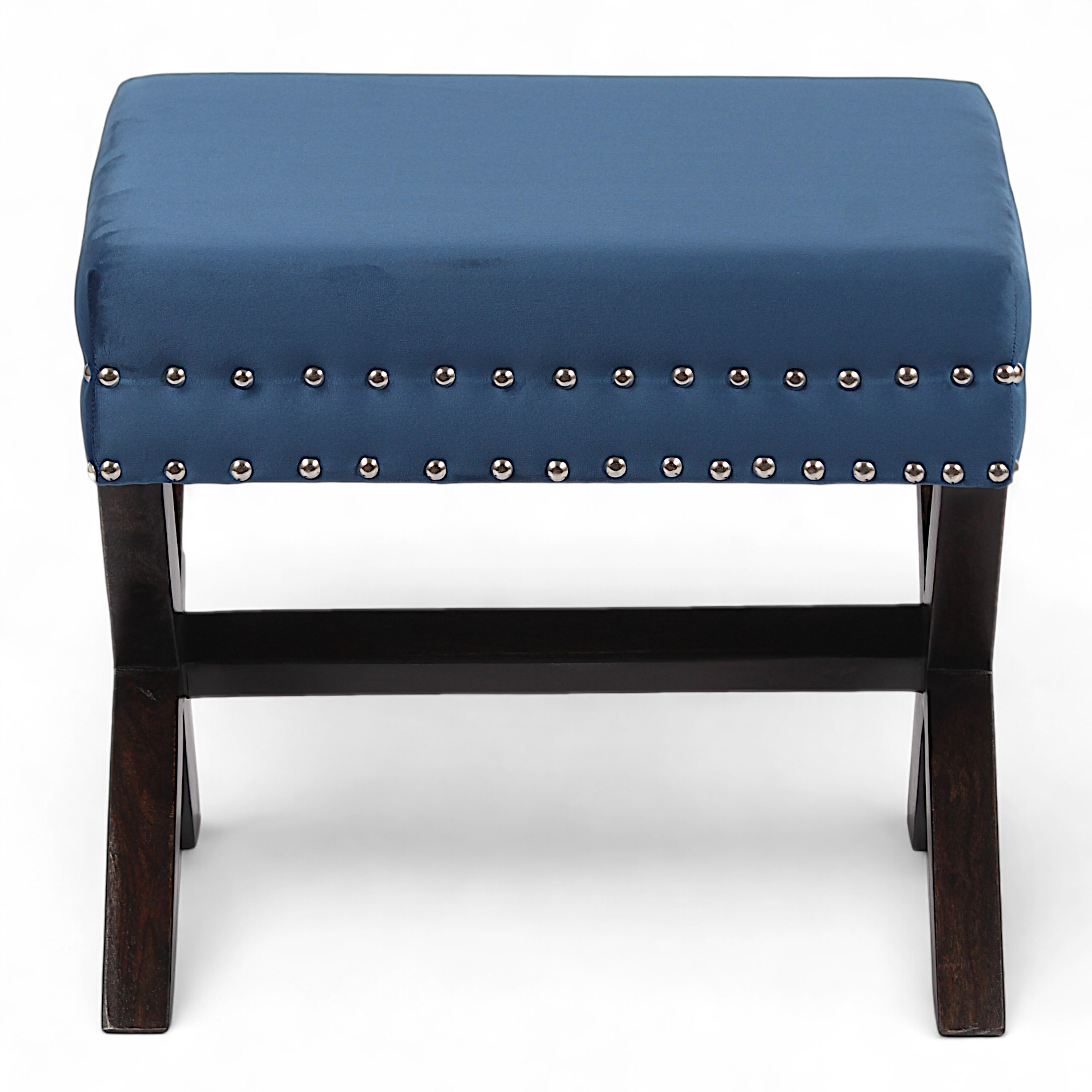 Rosslyn Sheesham Wood Accent Set of 2 Ottoman Pouffees in Navy Blue Velvet, Dark Mahogany Finish
