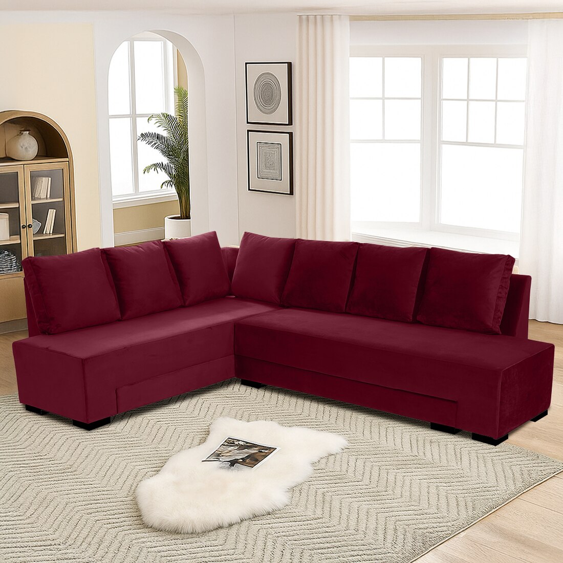 Melo 3 Seater Left Sectional Velvet Sofa Cum Bed in Maroon colour