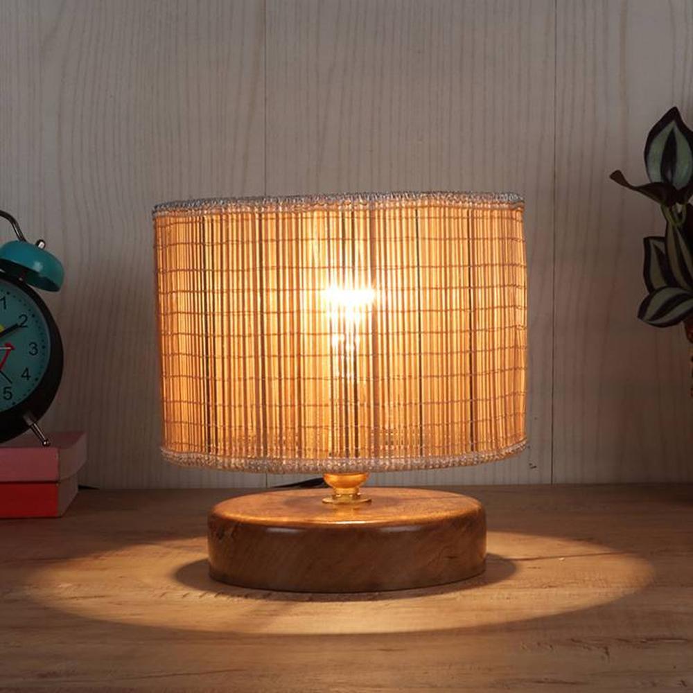 George Beige Bamboo Shade Table Lamp with Natural Wooden Base