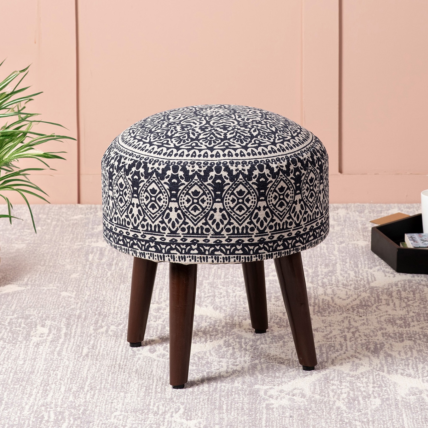 Botanic Fabric Wooden Ottoman in Blue Color - Nestroots