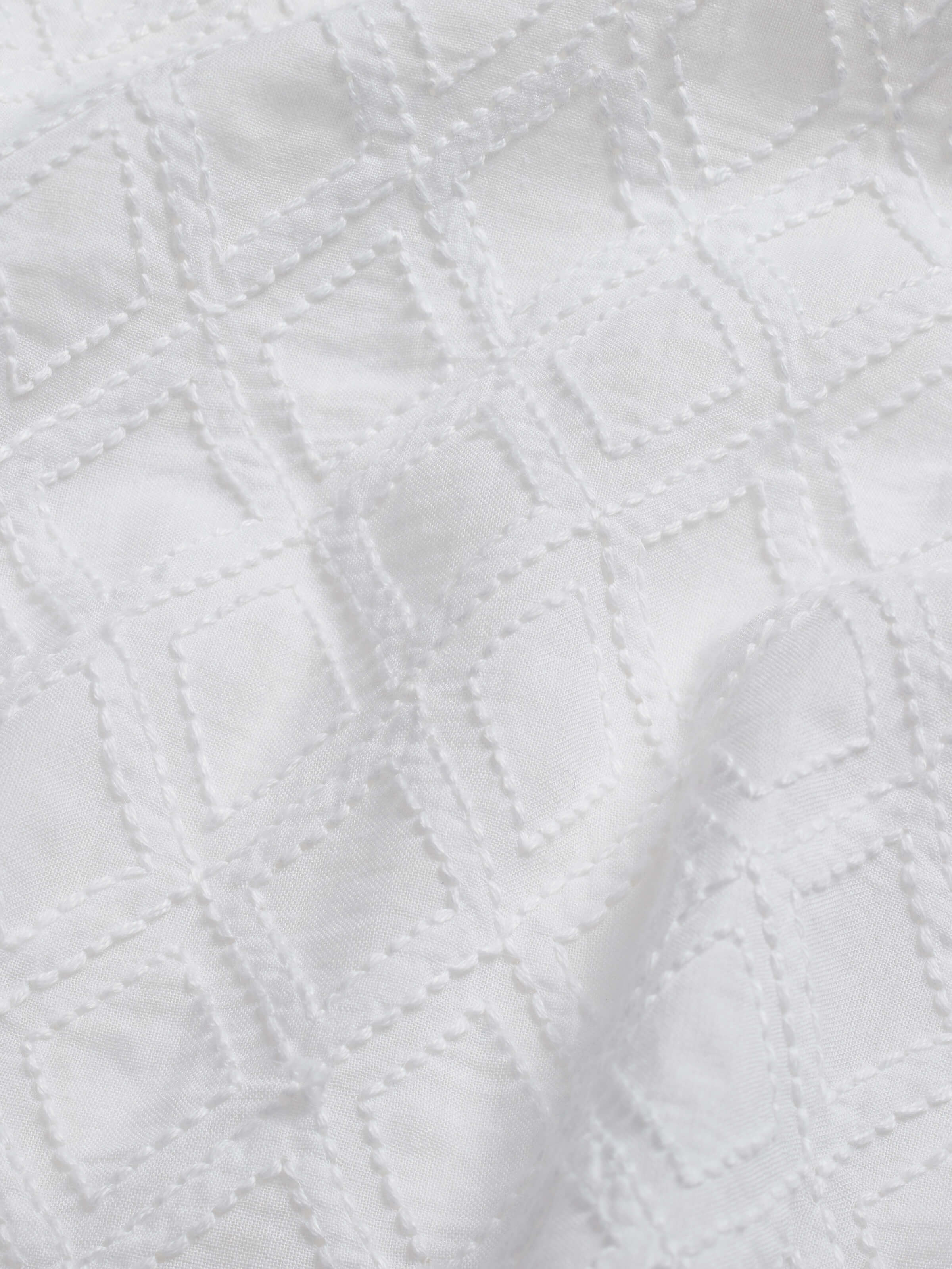 Side angle showing the delicate craftsmanship of the Chikankari embroidery on the Ananda White Cotton Table Cover