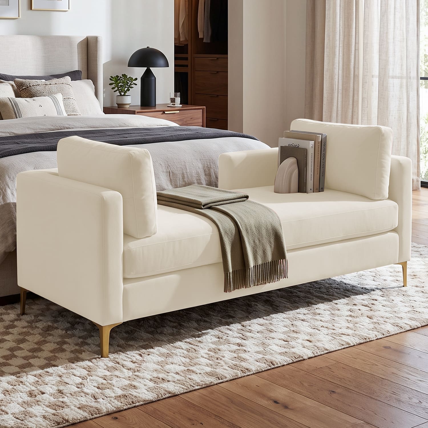 Cova Velvet Chaise Lounger in Cream Color