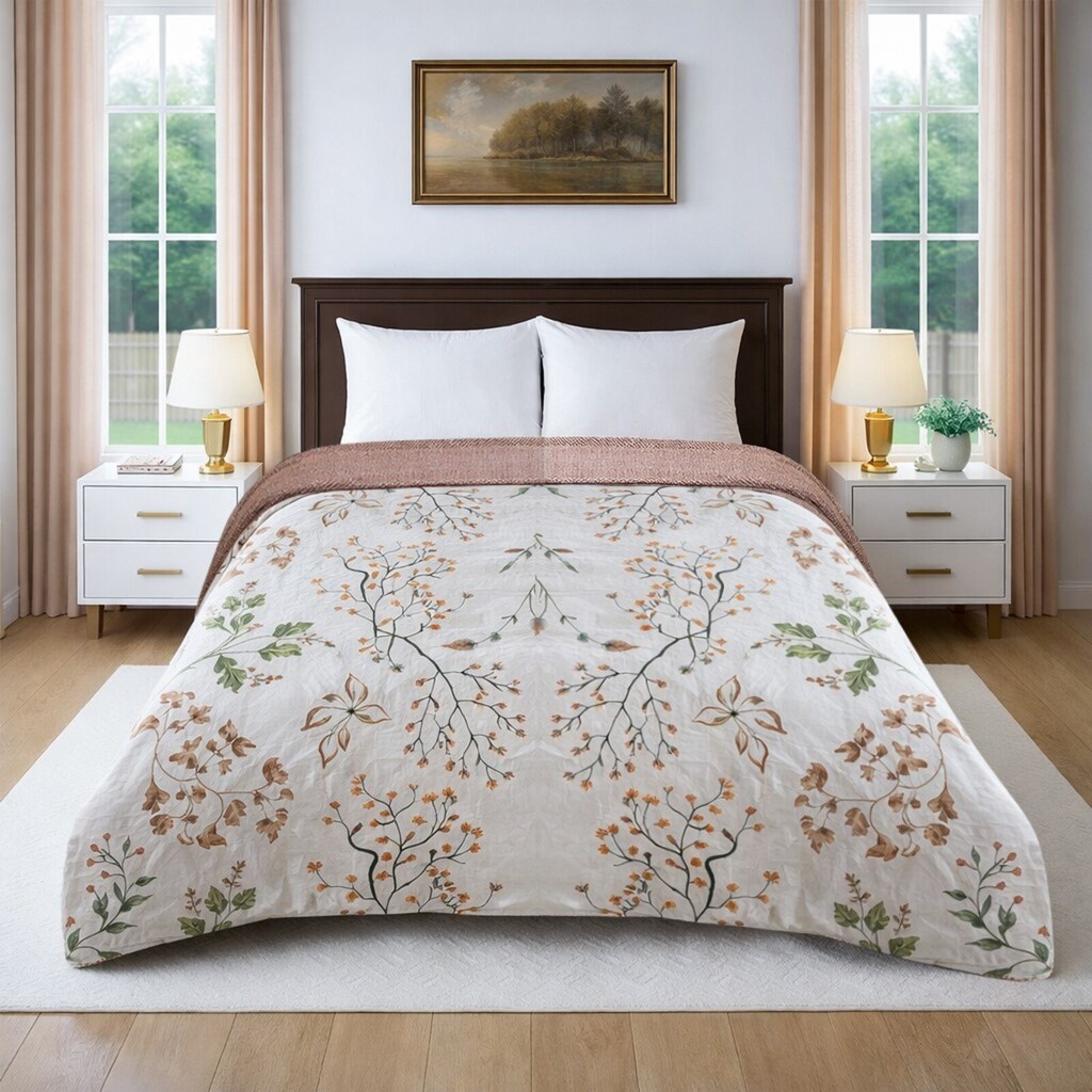 Eva Cream Floral Cotton Comforter Double Bed Reversible 350 Gsm Size 240 X 220 Cms - Threads