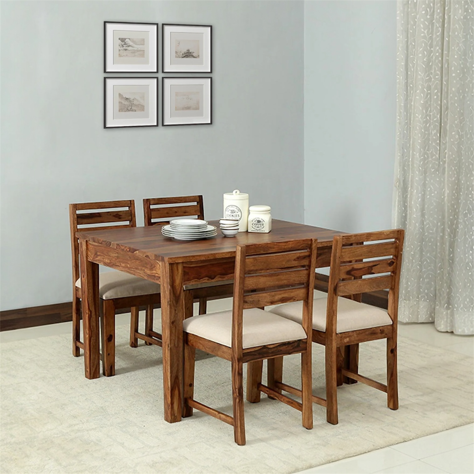 Arbor Solid Wood 4 Seater Dining Set With 4 Chairs in Honey Finish - Interior Valley