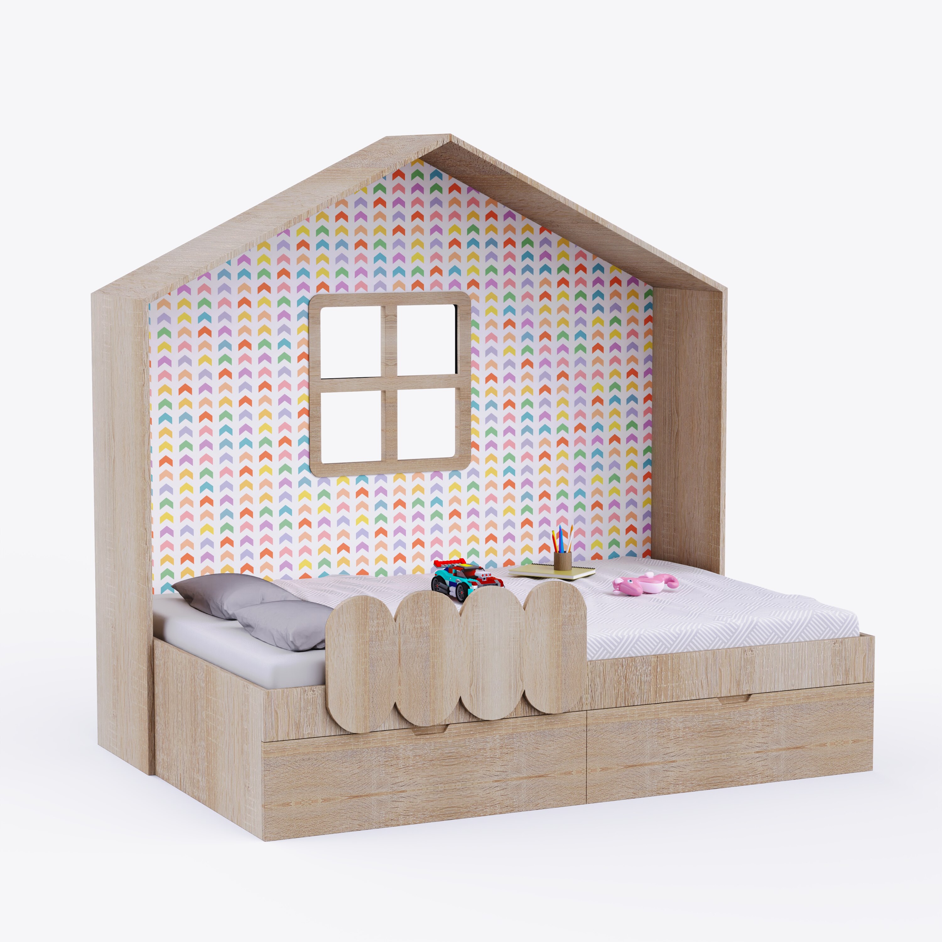 Little Hut Bed 6X4 Drawers On Wheels In Oak Colour52