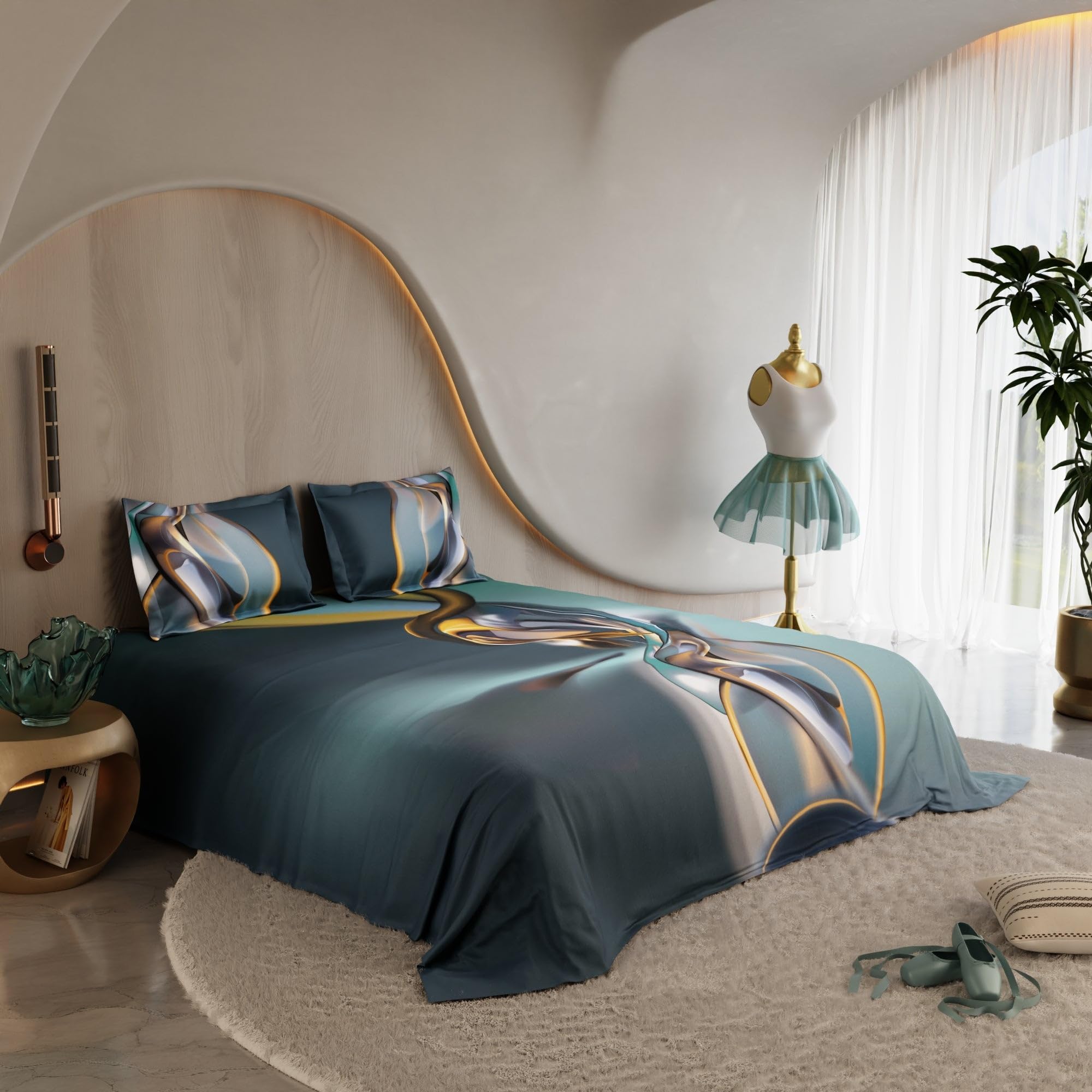 Stoa Paris Super King Size 100% Cotton Bedsheet with 2 Pillow Covers  Size Deep Aqua, Golden Yellow