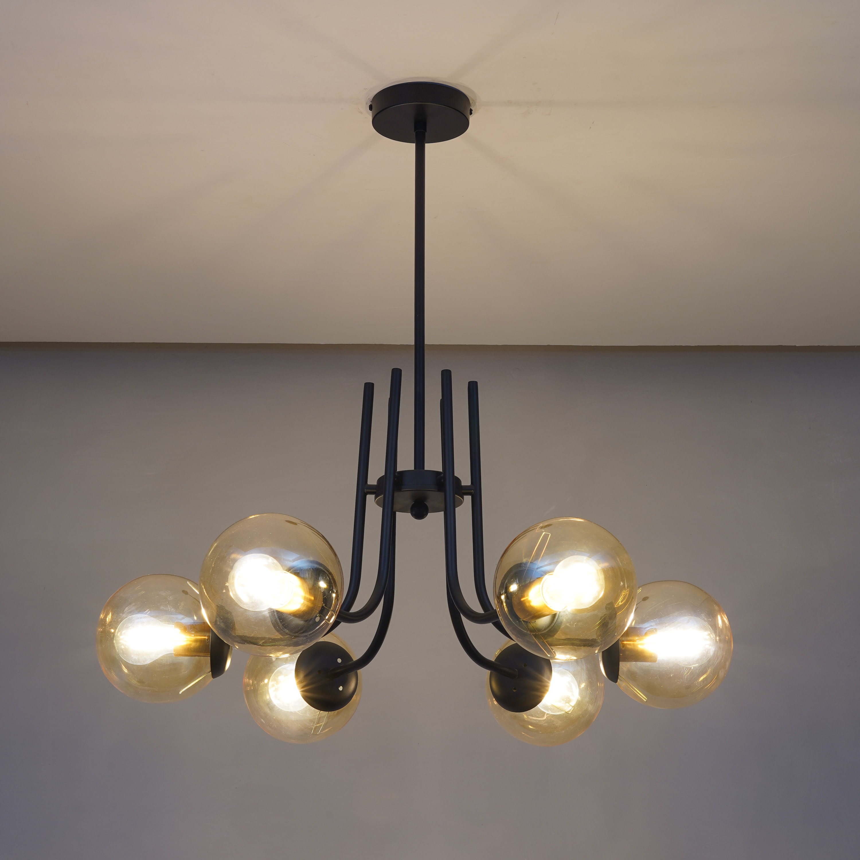 Karousel 6 Arm Black And  Amber Globe Glass Chandelier Ceiling Light