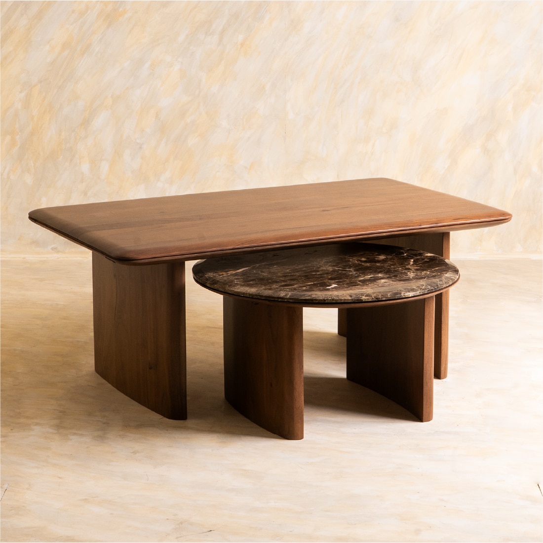Anish Fusion Solid Wood Nested Coffee Table in Brown Colour - Orange Tree