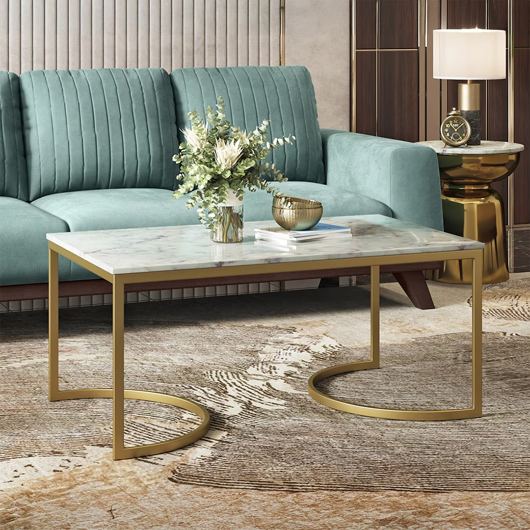 Ivy Rectangular White Marble And Metal Coffee Table In Gold Finish
