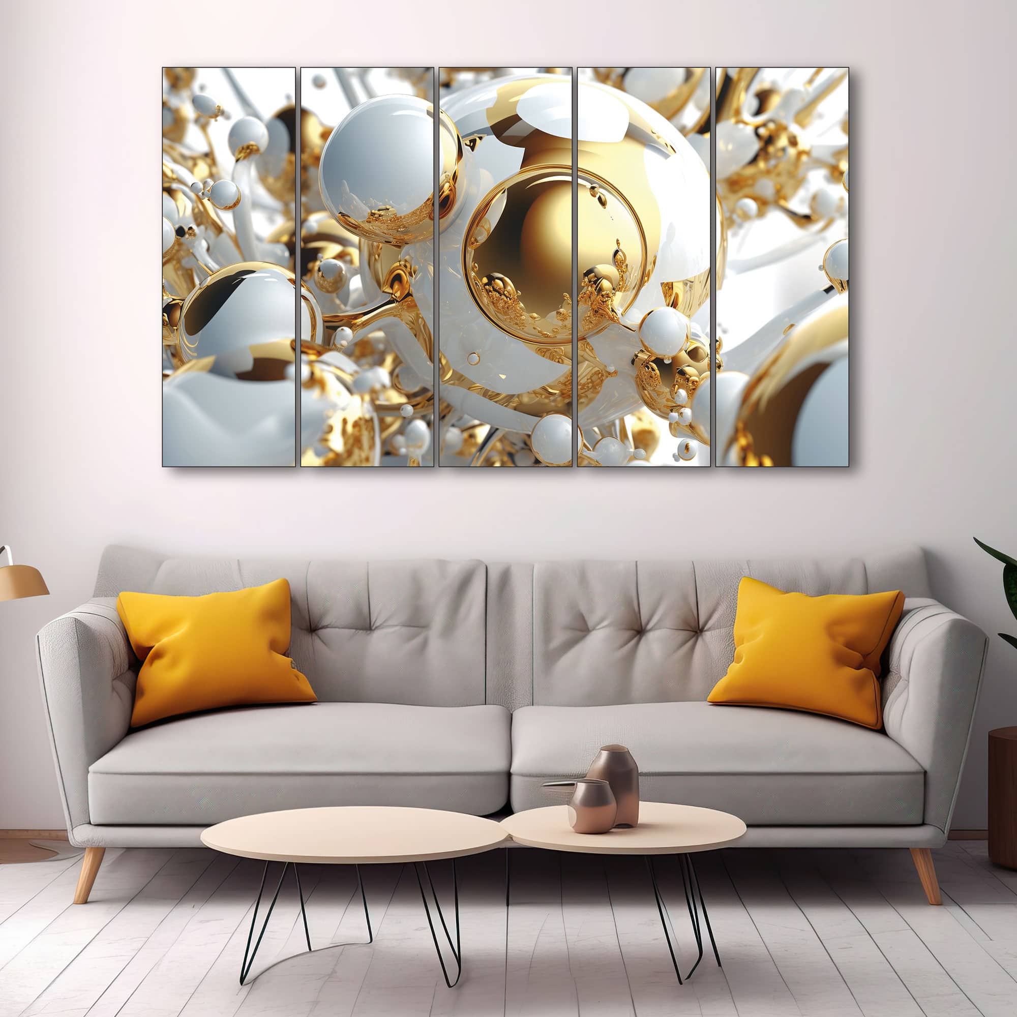 The Castle Decor Modern Golden Ball Wall Art Set of 5 27x48 Inch - The Castle Decor
