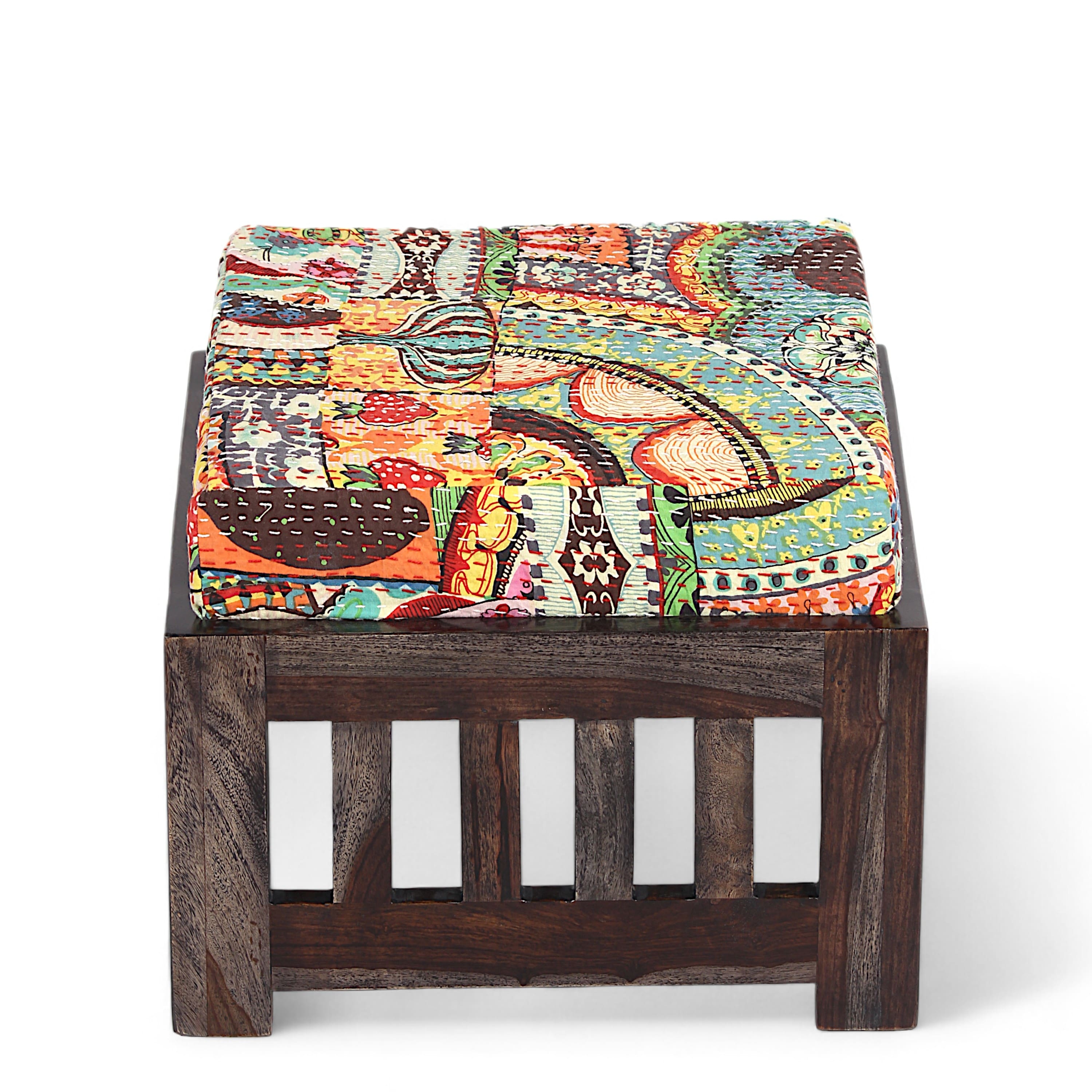 Palladio Sheesham Wood Coffee Table With 4 Stools Set In Mahogany Finish & Multi Colour Israel Print Kantha Fabric Cushions