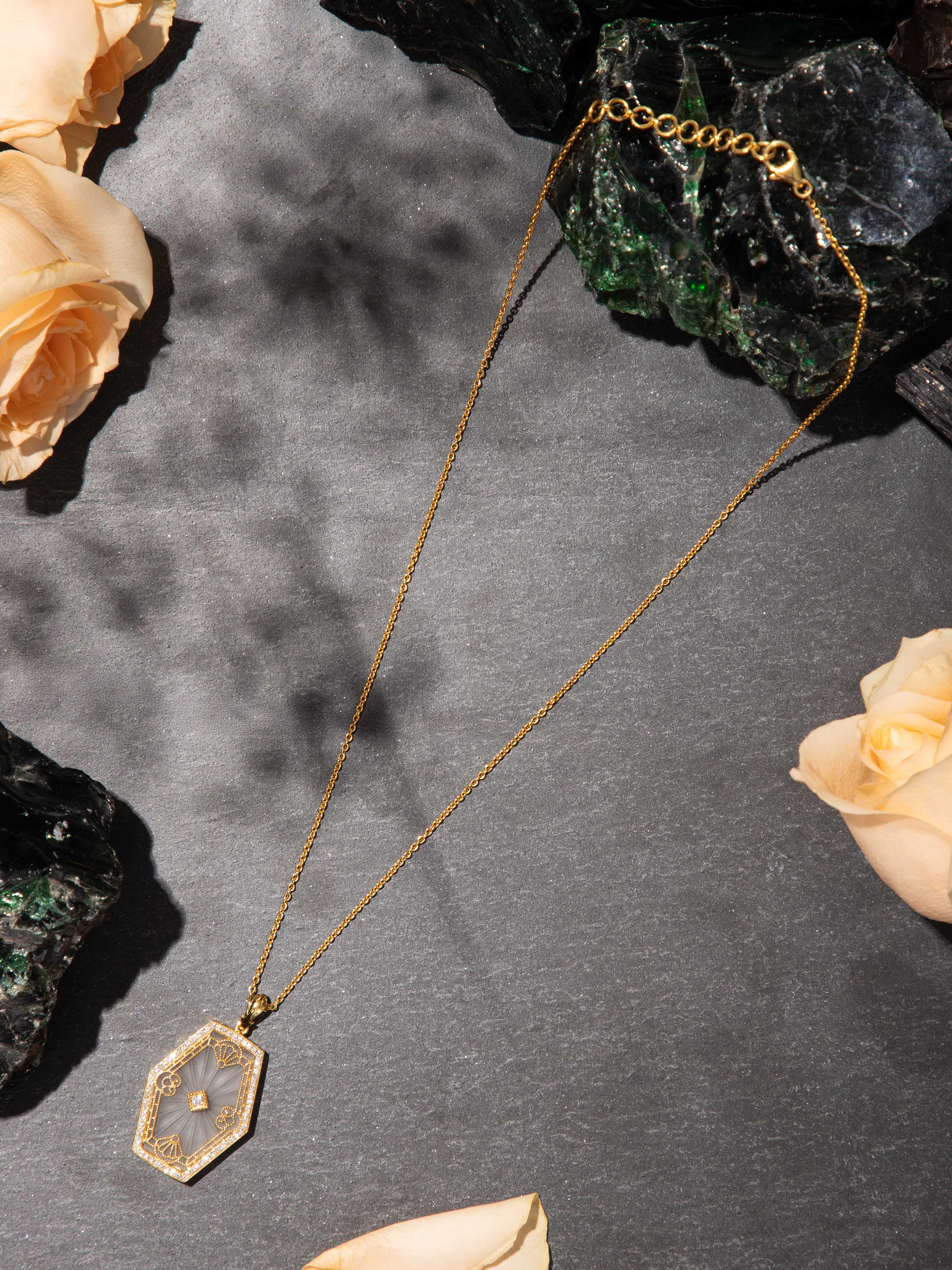 Lapidary 14 karat gold pendant and chain worn on neck – Swadesh