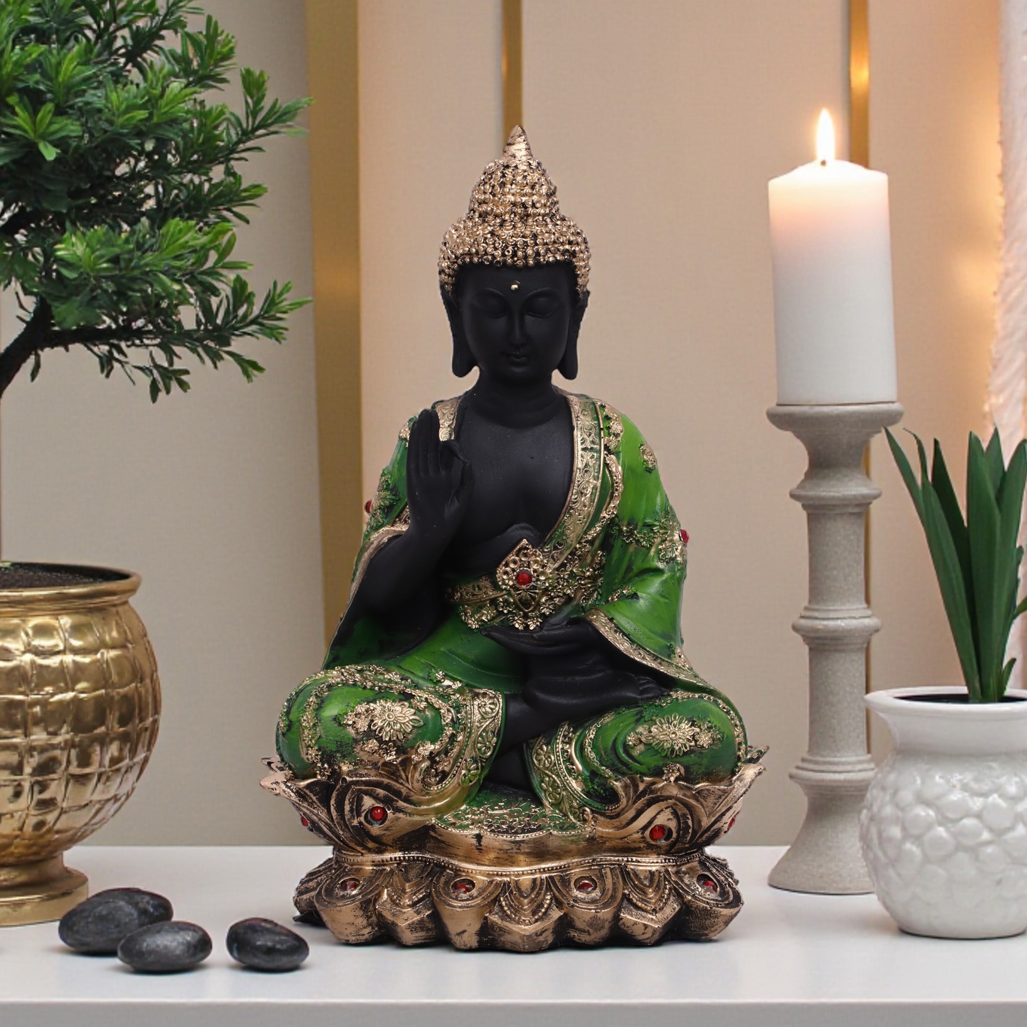Buddha Polyresin  Figurine in Green Colour - Vedas