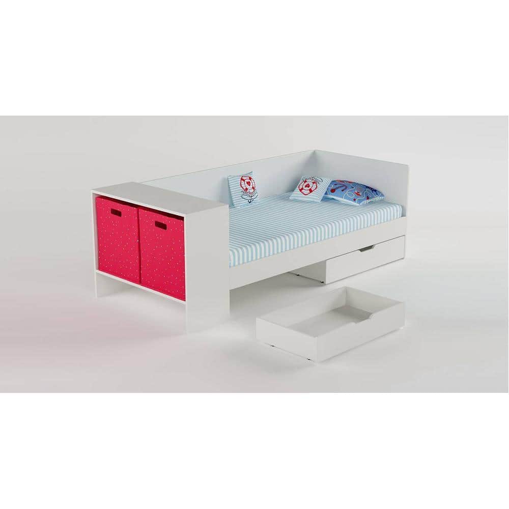 Corner Engineered Wood Drawer Storage Bed in Red Colour