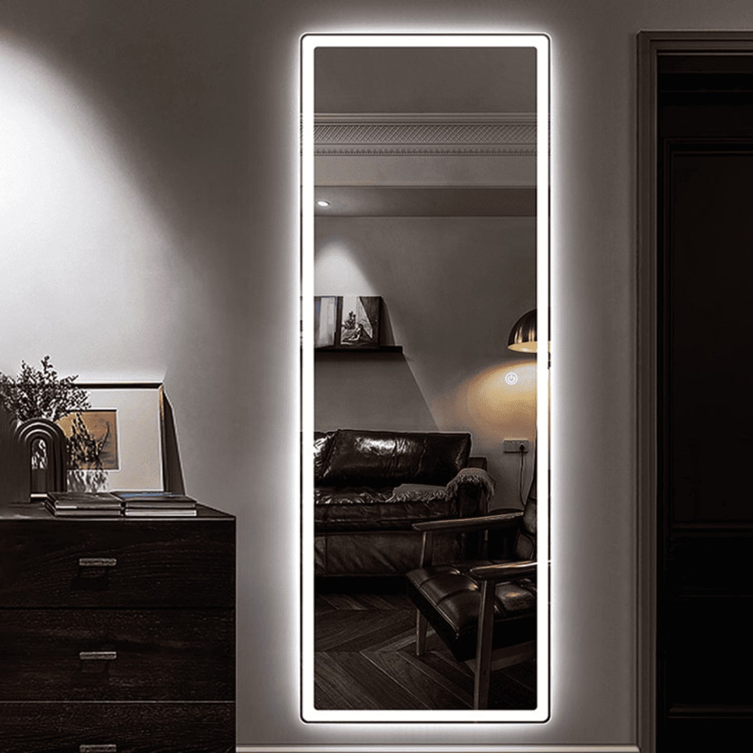 Full-Length Bedroom Dressing Mirror with Lights Adjustable LED Standing Mirror