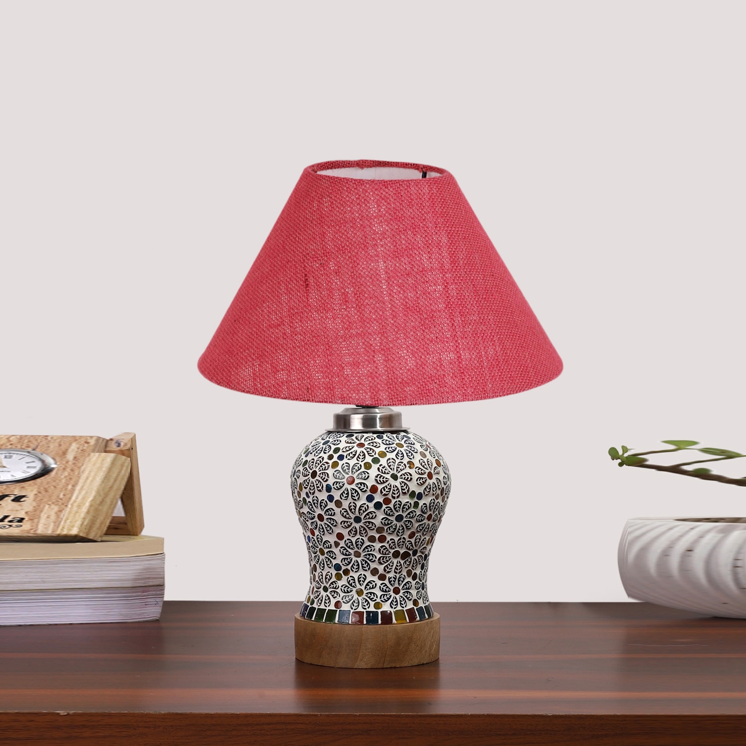 Devansh Conical Pink Jute Shade Lamp With Wood & Mosaic Glass Base For Decoration/Office/Home/Gifting/Study For Decoration/Office/Home/Gifting/Study -(10X10X14.5) Inches -A