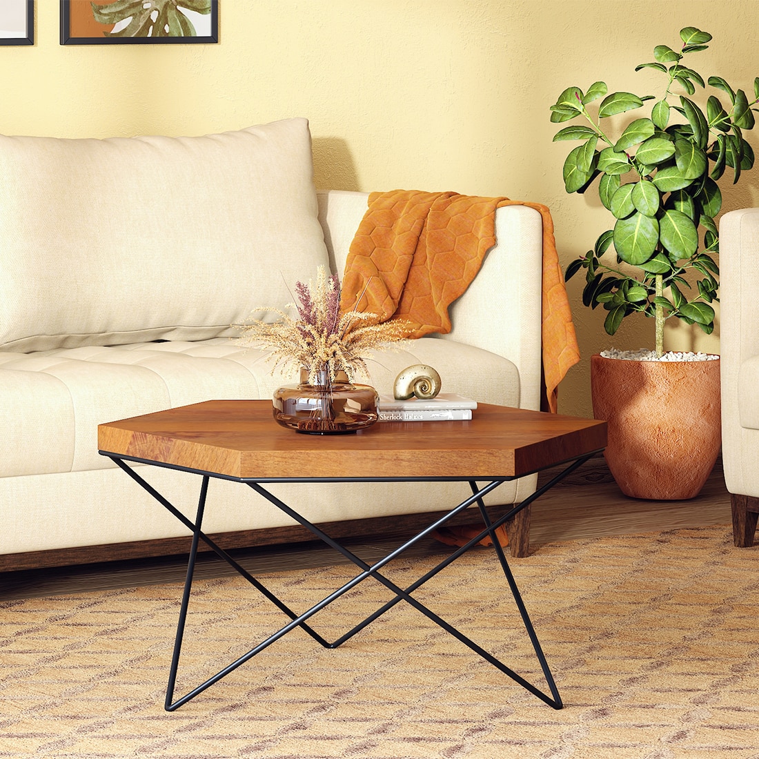 Dyson Hex Abstract Solid Wood Coffee Table With Black Base In Amber Walnut Finish