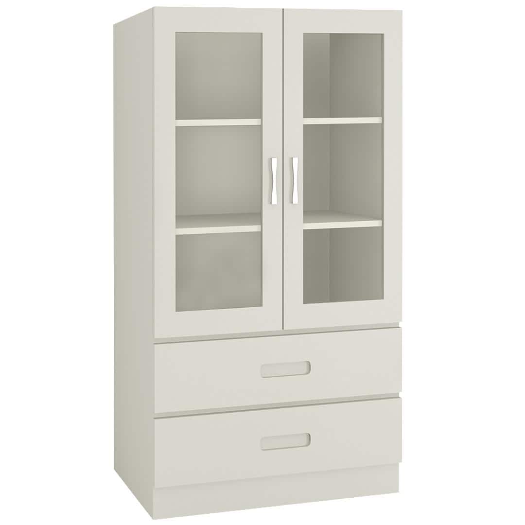 Paloma Large Crockery cum Bookshelf Cabinet with Toughened Glass Shutters and Drawers in Ivory Colour