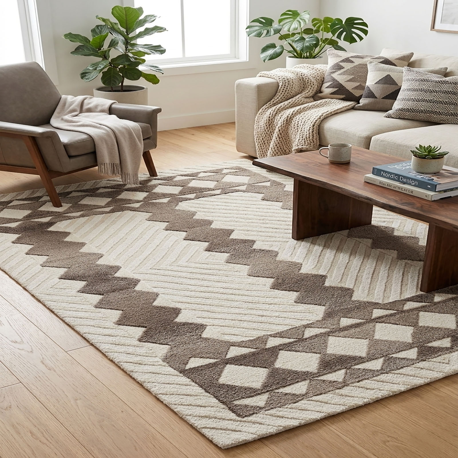 Modern Tribal Geometric Area Rug Taupe Grey Cream 64 x 92 - The Woven Legacy