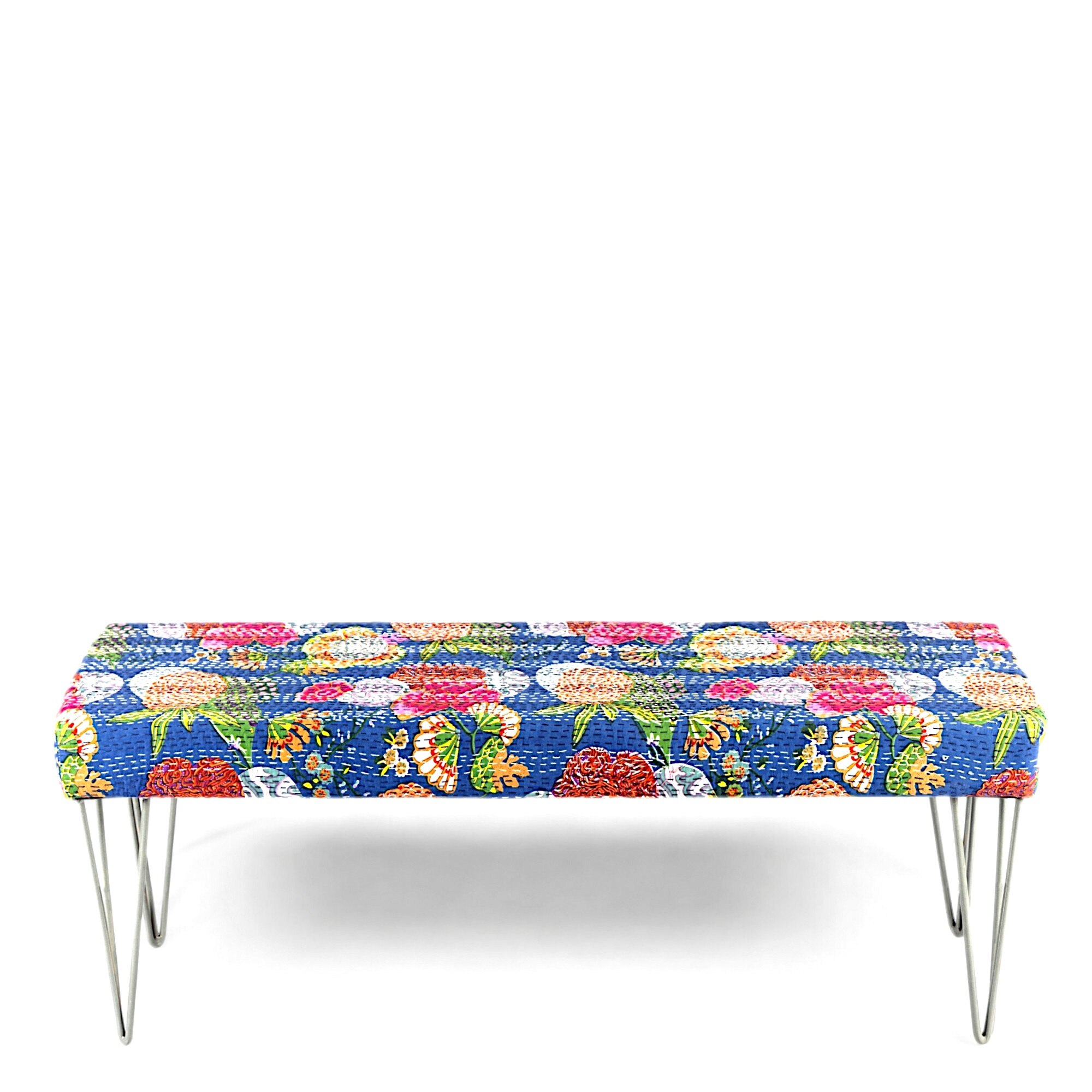 Belmont Sheesham Wood Mid Century 3 Seater Bench With Metal Legs In Fruit Print