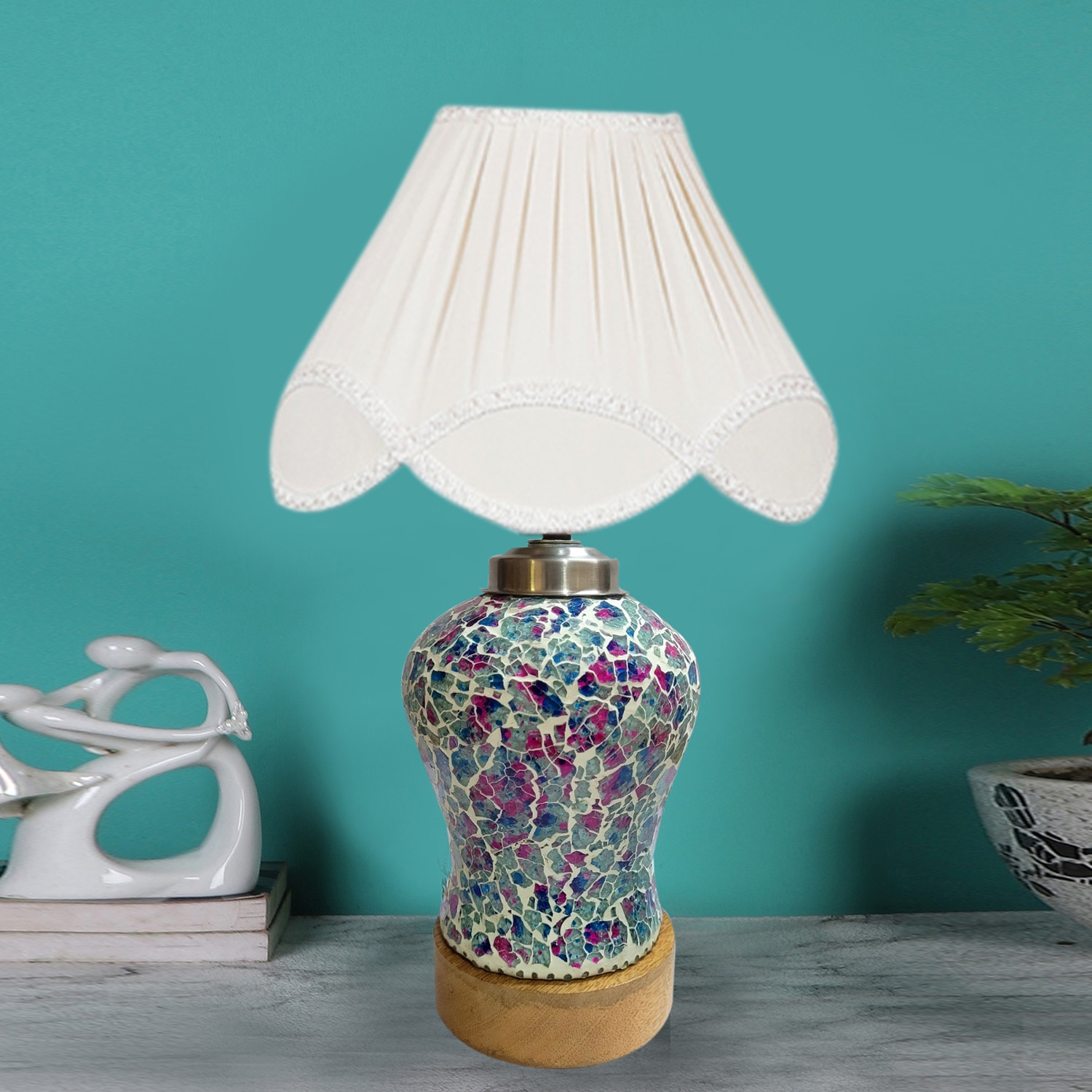 Devansh Vintage Off White Cotton Shade  Lamp With  Wood & Mosaic Glass Base For Decoration /Office/Home/Gifting/Study For Office/Home/Gifting -(12X12X16.5) Inches - - Devansh