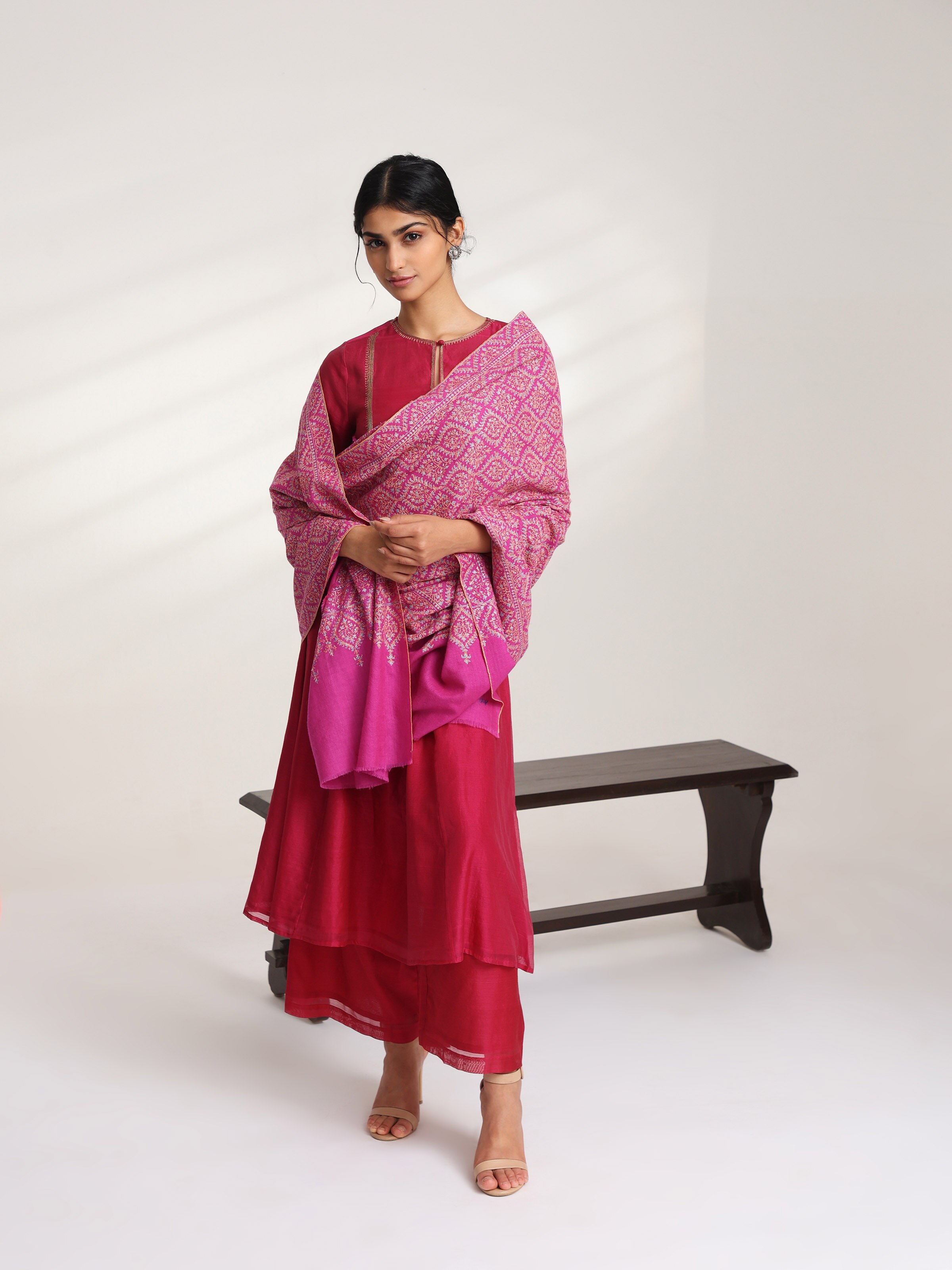 Pink Jamawar Sozni Embroidered Shawl