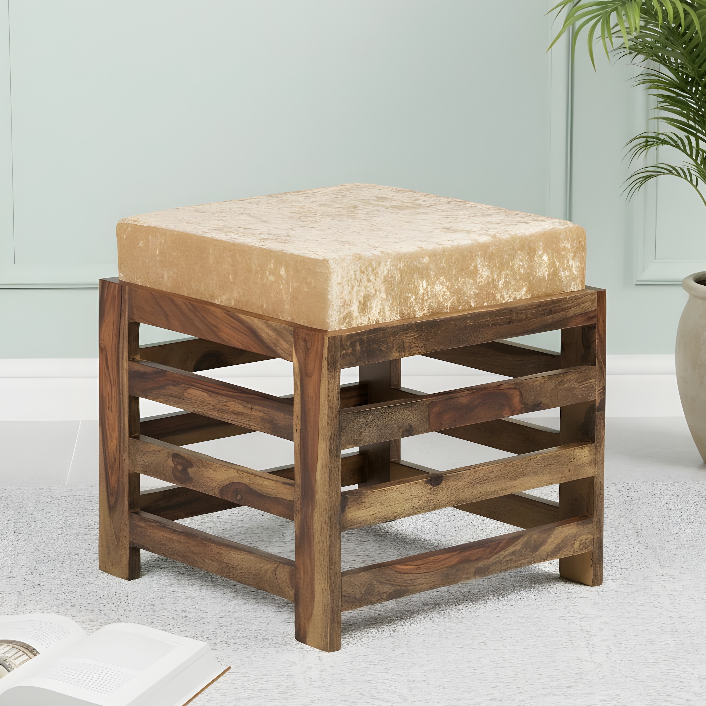 Houston Sheesham Wood Stool in Teak Finish with Velvet Cream Cushion