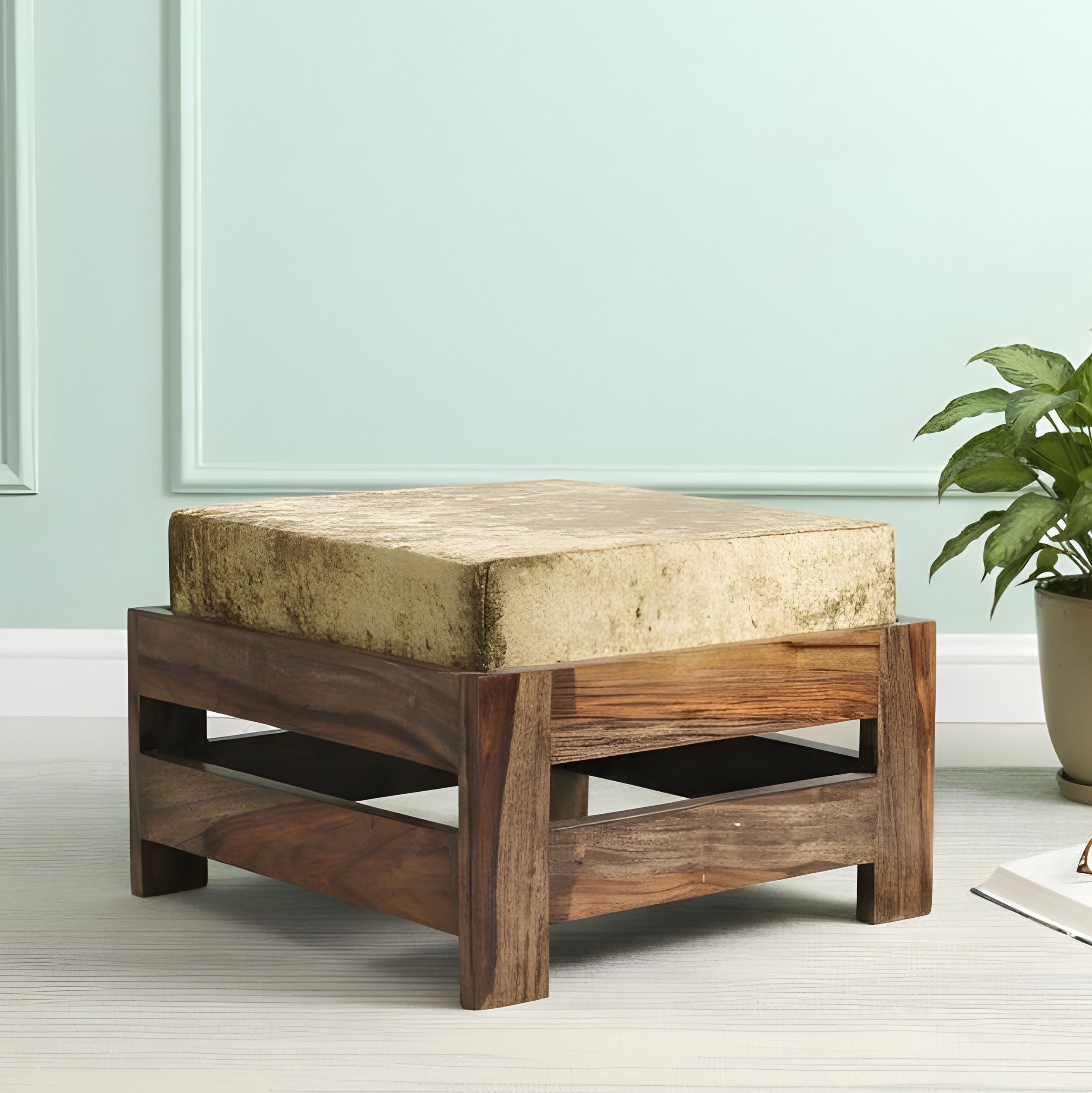 Amber Sheesham Wood Foot Stool in Teak Finish with Velvet Green Cushion - Ikiriya