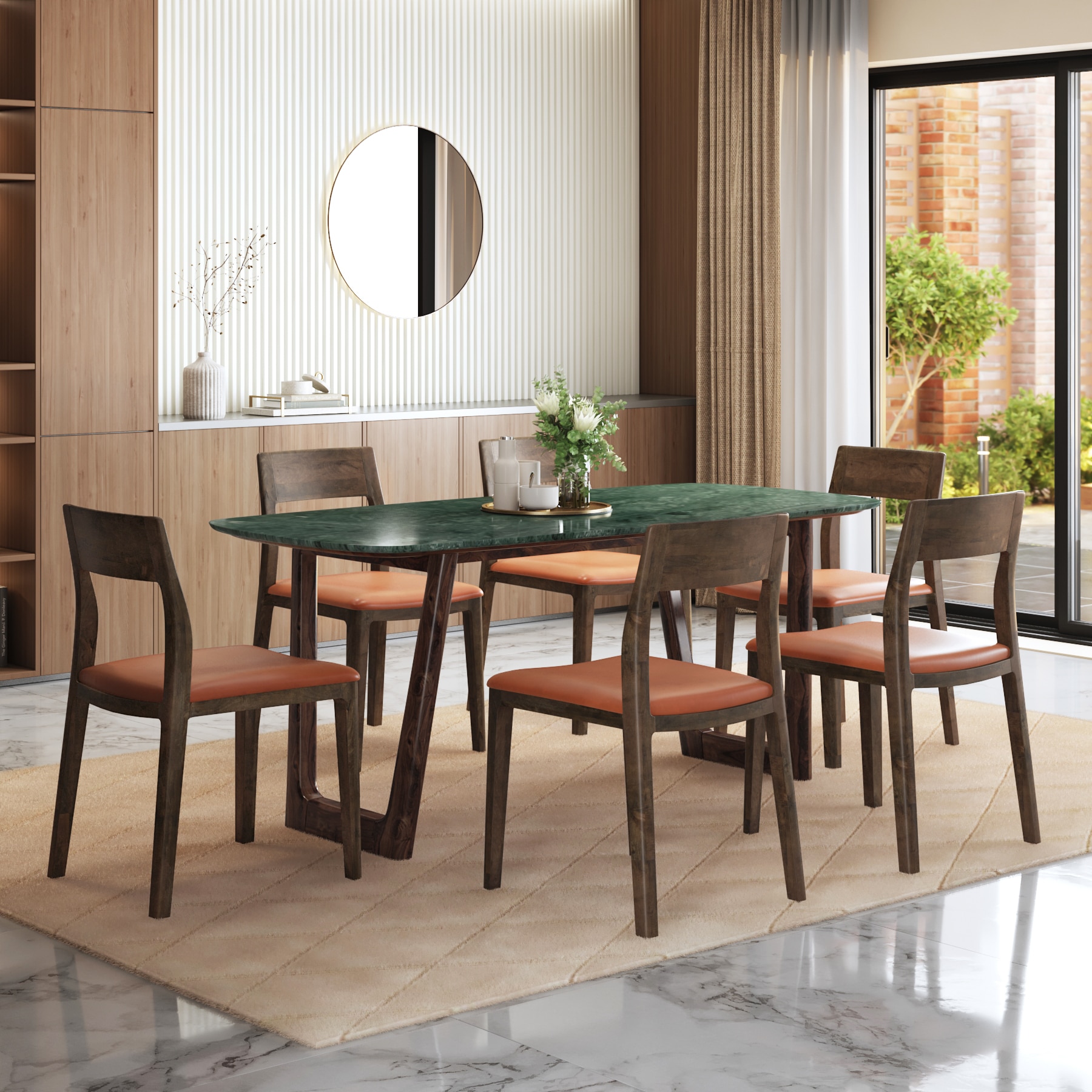 Adria Jade Green Marble 6 Seater Dining Table With Set of 3  Clarke Dining Chairs