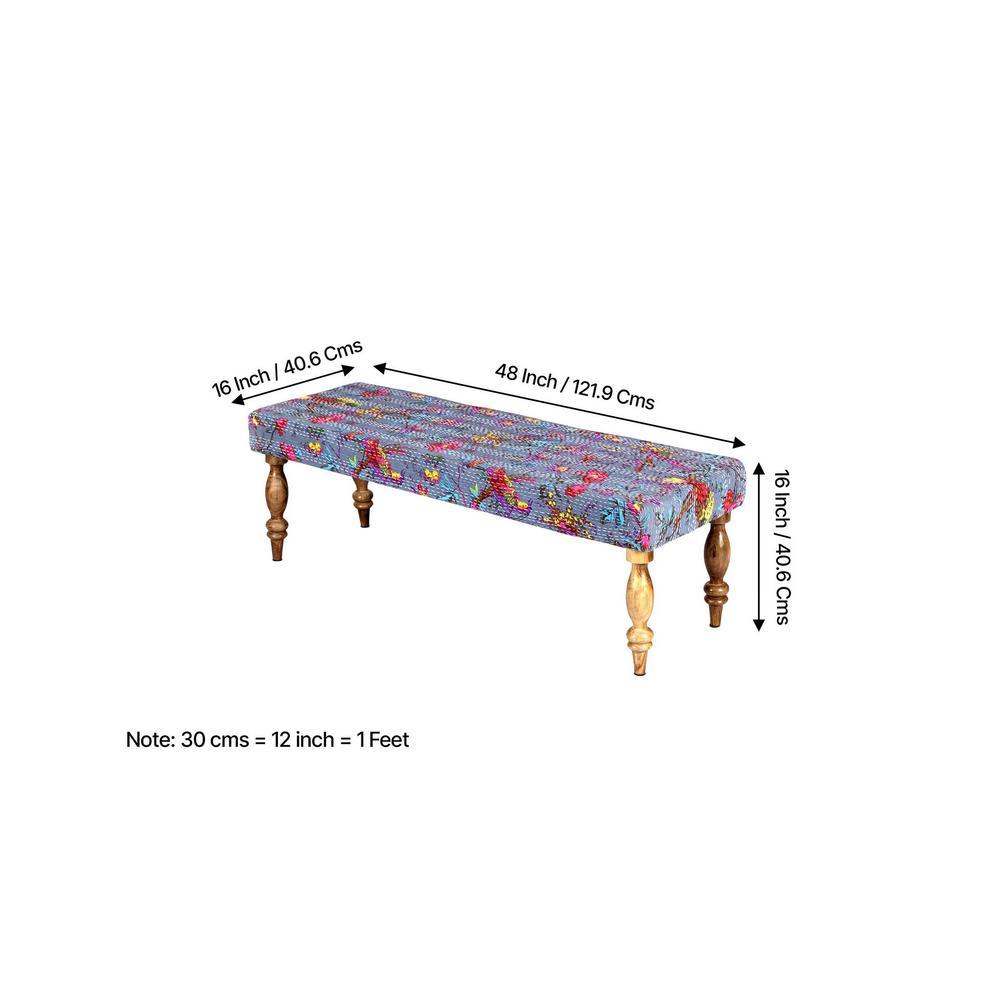 Cairo Solid Wood 2 Seater Bench In Bird Print Grey Kantha Fabric
