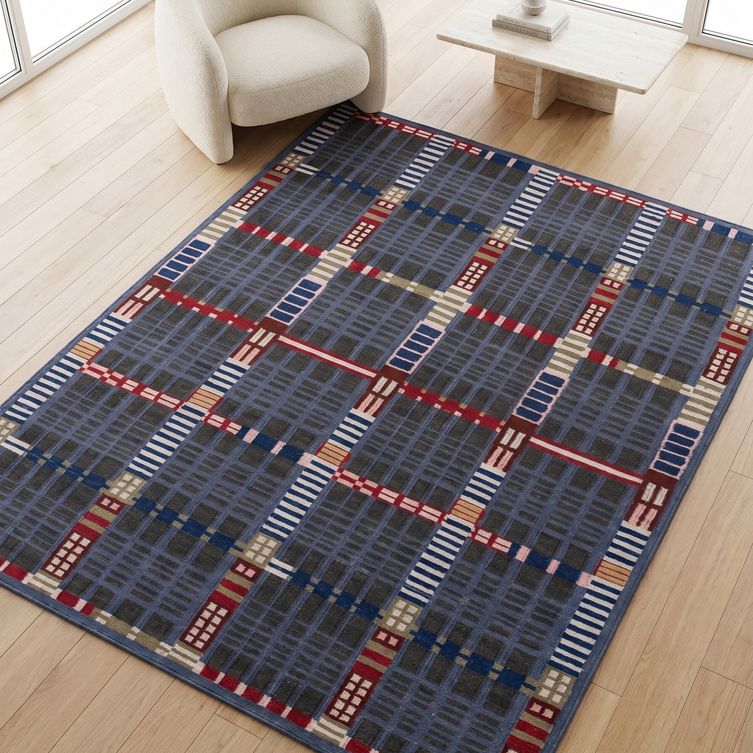 Jaipur Rugs Soft Geometric Checks Wool 6x9 Feet Dark Denim And Black Olive Flat Weave Carpet