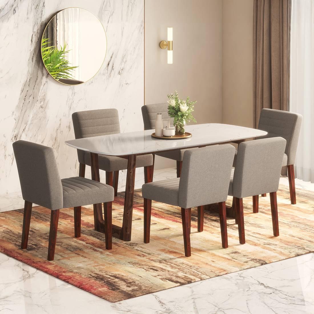 Adria Karara Quitese Top Dining Table With Set Of 6 Ludo Dining Chairs (Colour- Shitake Beige, Finish- Carara White)